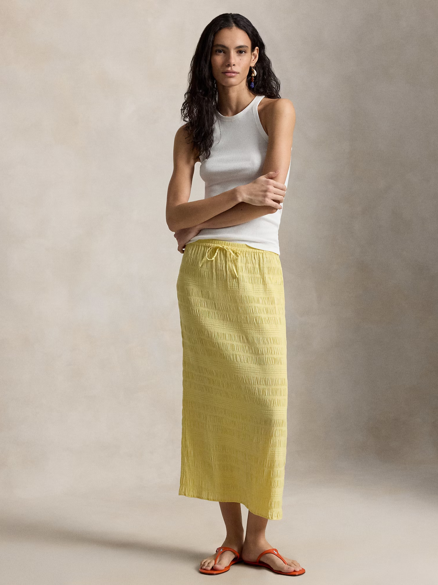 RALPH LAUREN WOMEN Seersucker Drawstring Skirt Banana Peel