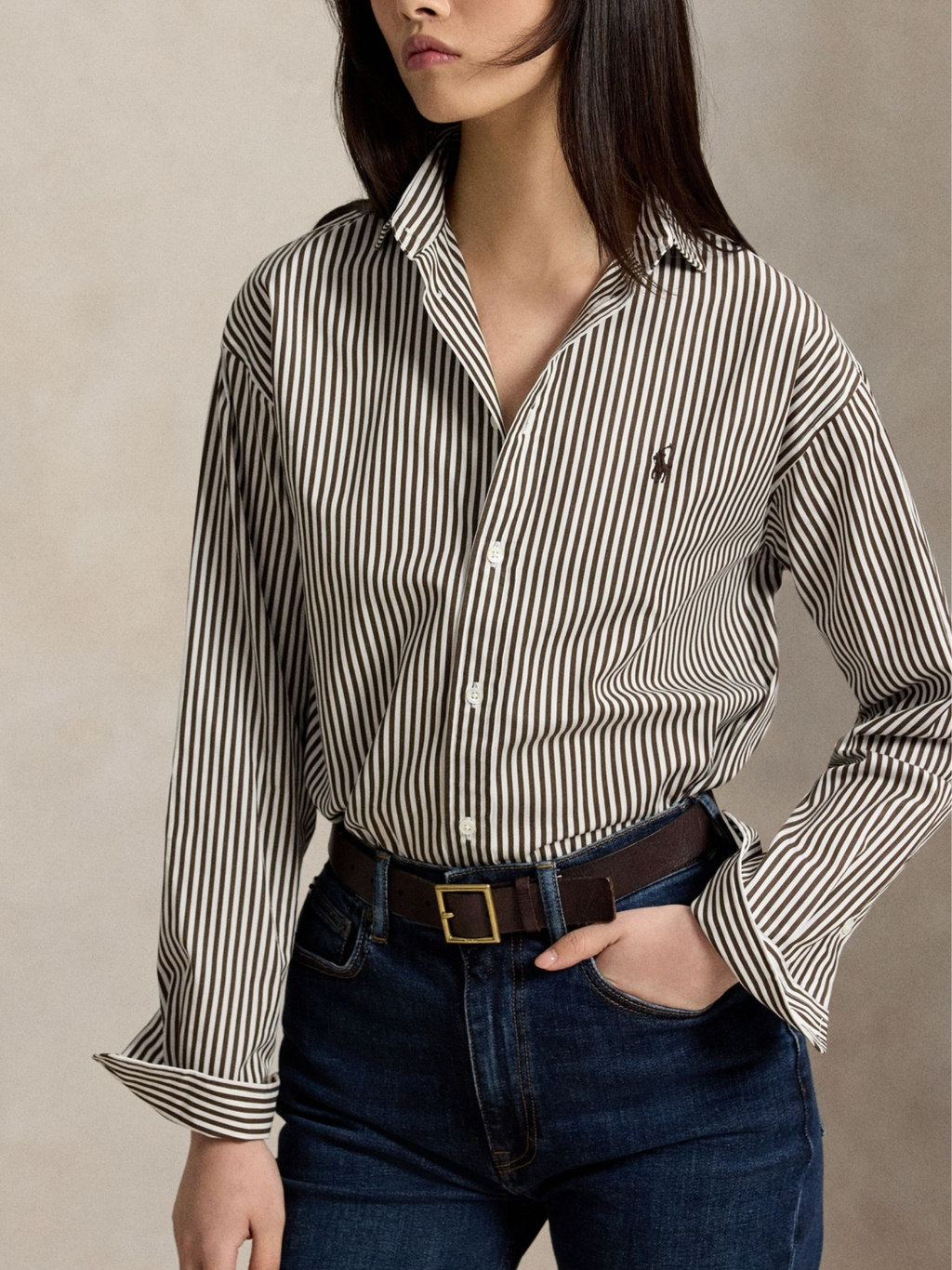 RALPH LAUREN WOMEN Relaxed Fit Striped Cotton Shirt Dark Brown/White