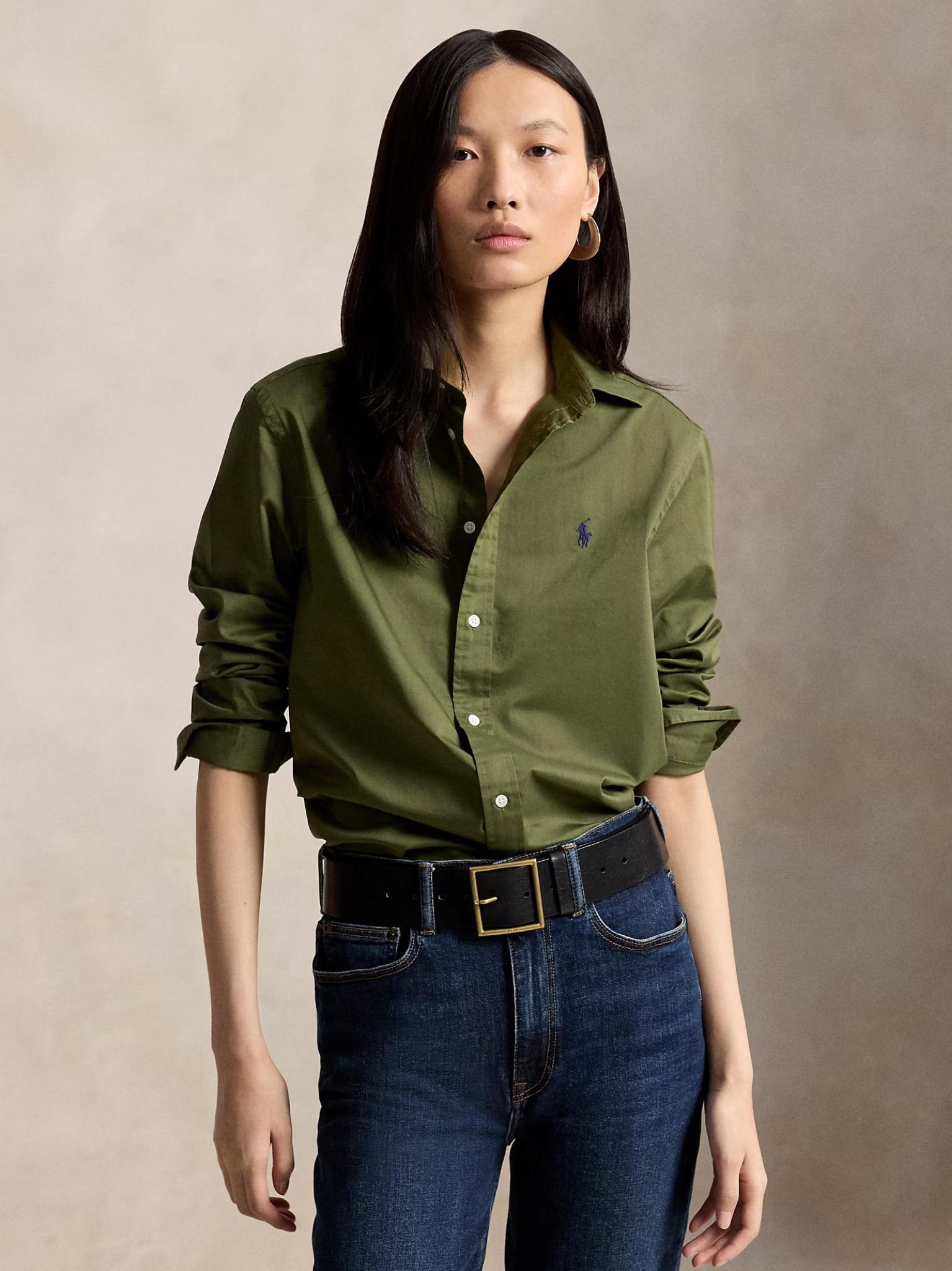RALPH LAUREN WOMEN Classic Fit Cotton Twill Shirt Dense Olive