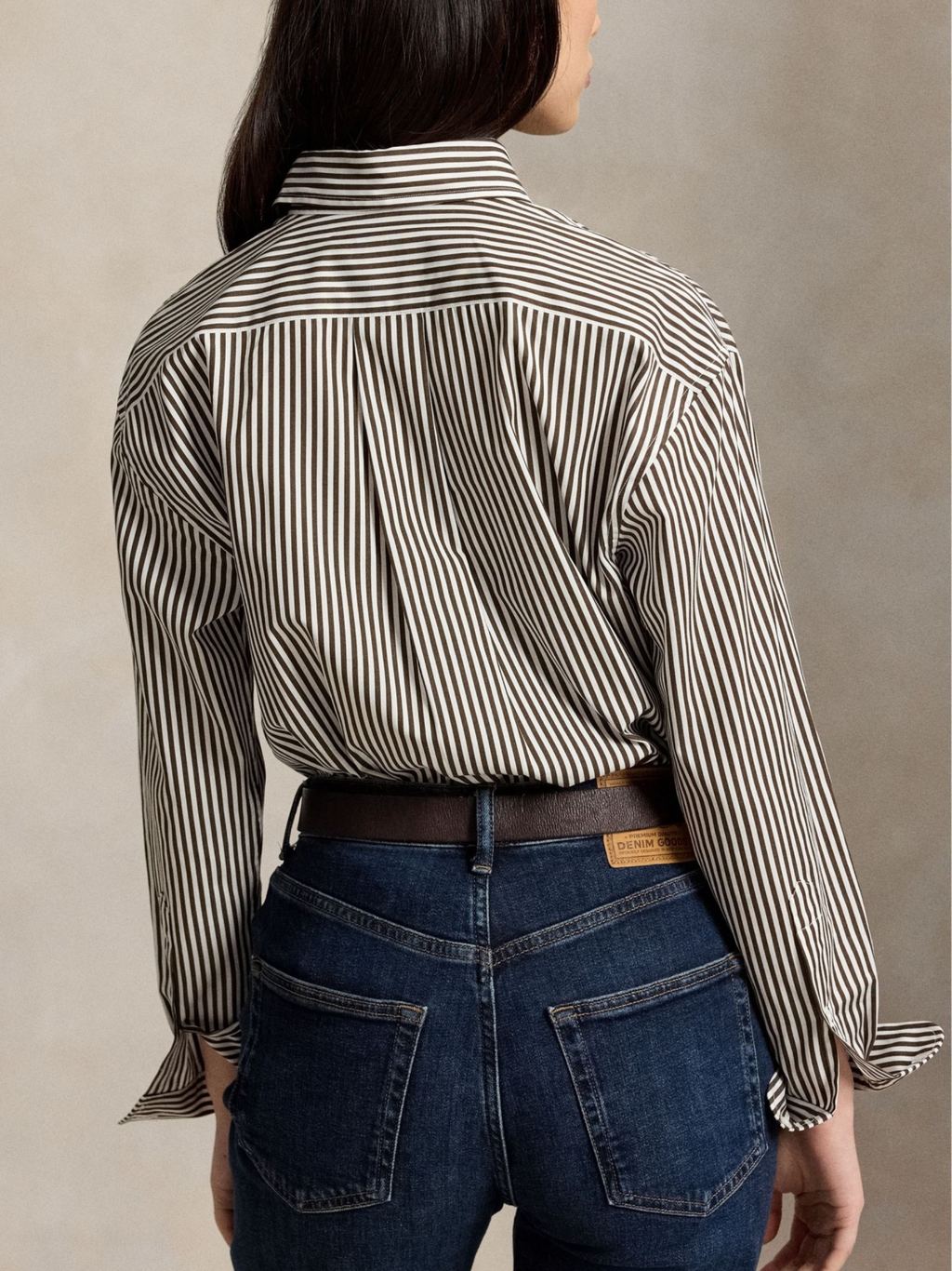 RALPH LAUREN WOMEN Relaxed Fit Striped Cotton Shirt Dark Brown/White