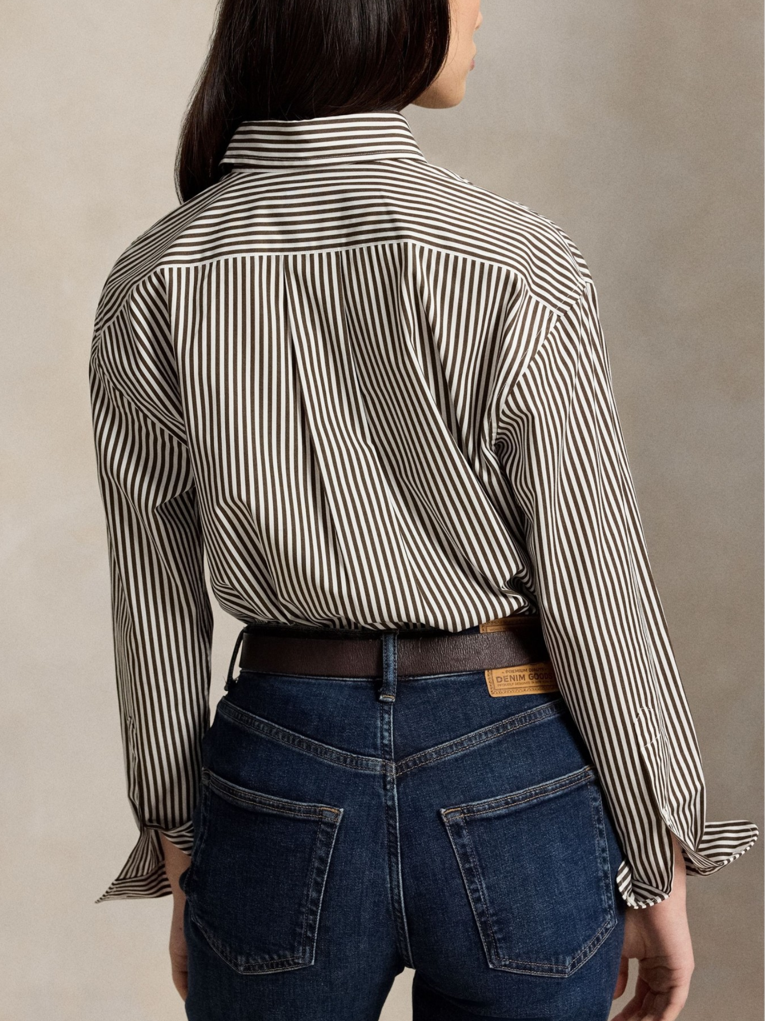 RALPH LAUREN WOMEN Relaxed Fit Striped Cotton Shirt Dark Brown/White
