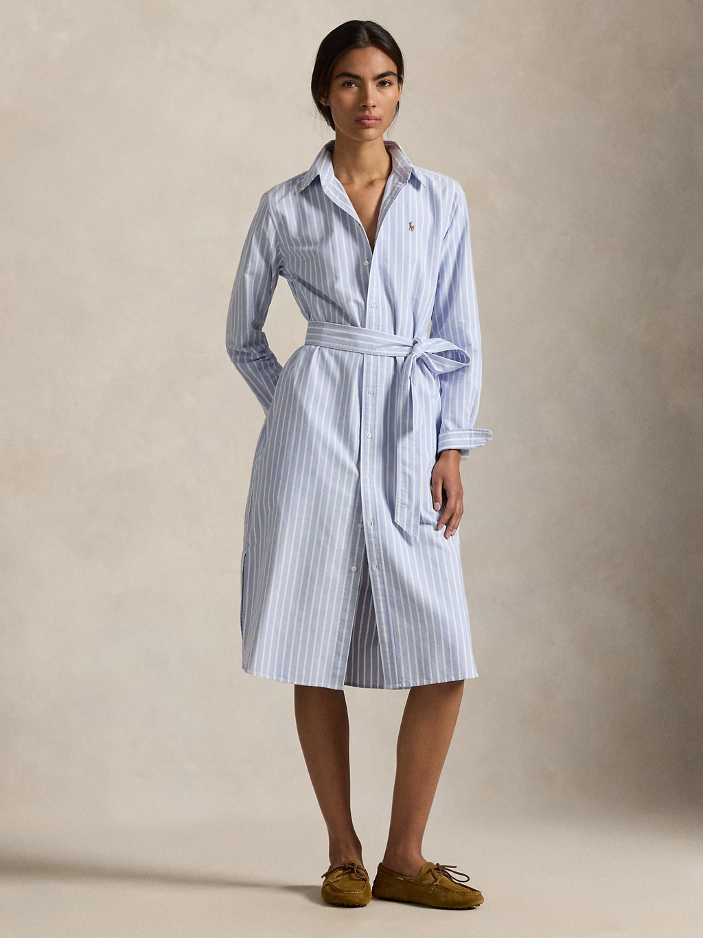 RALPH LAUREN WOMEN Striped Cotton Oxford Belted Shirt Dress Harbour Island Blue/White