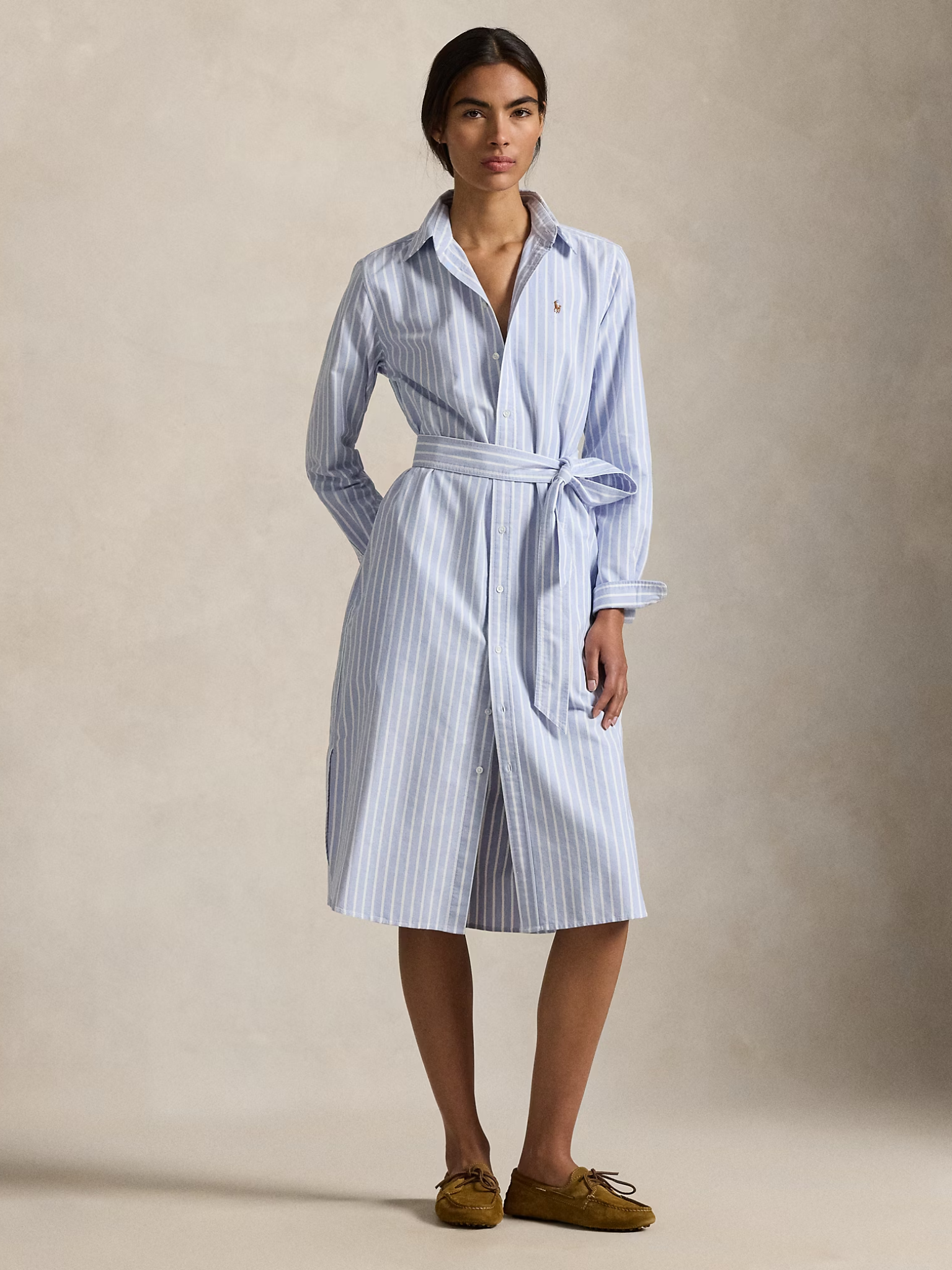 RALPH LAUREN WOMEN Striped Cotton Oxford Belted Shirt Dress Harbour Island Blue/White