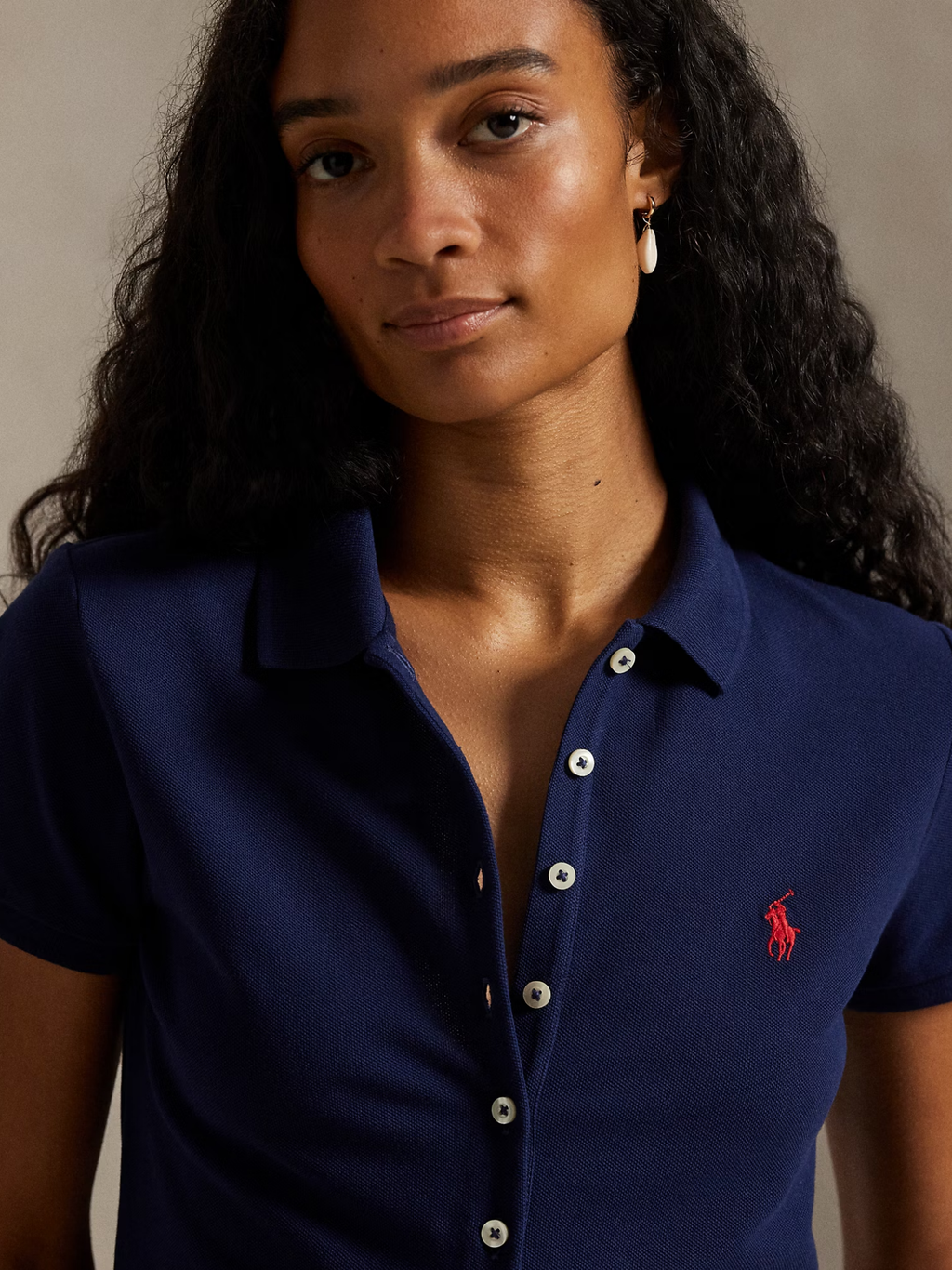 RALPH LAUREN WOMEN Buttoned-Placket Polo Shirt Newport Navy