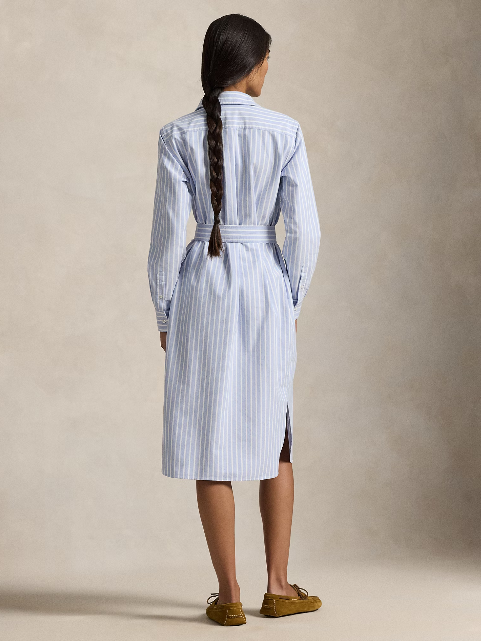 RALPH LAUREN WOMEN Striped Cotton Oxford Belted Shirt Dress Harbour Island Blue/White