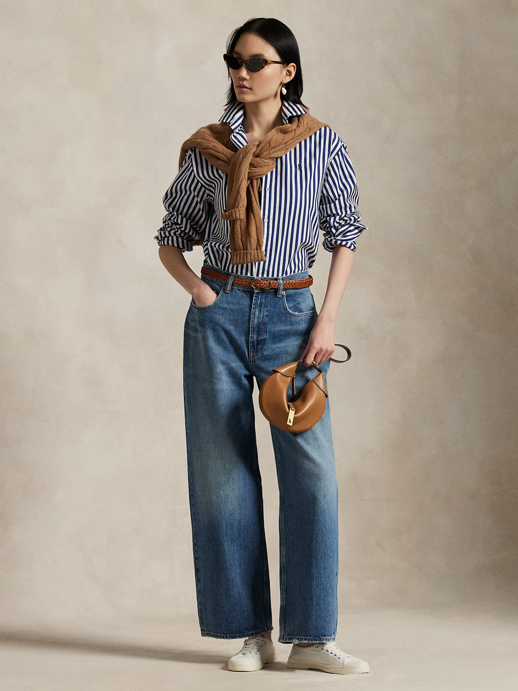 RALPH LAUREN WOMEN Relaxed Fit Striped Cotton Shirt Fall Royal/White