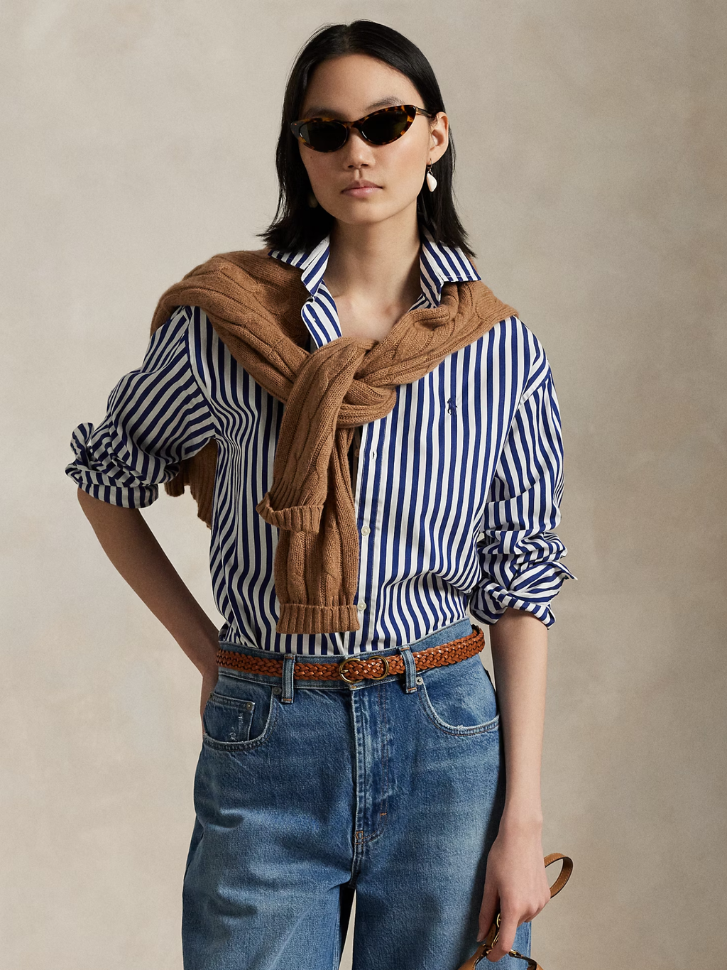 RALPH LAUREN WOMEN Relaxed Fit Striped Cotton Shirt Fall Royal/White