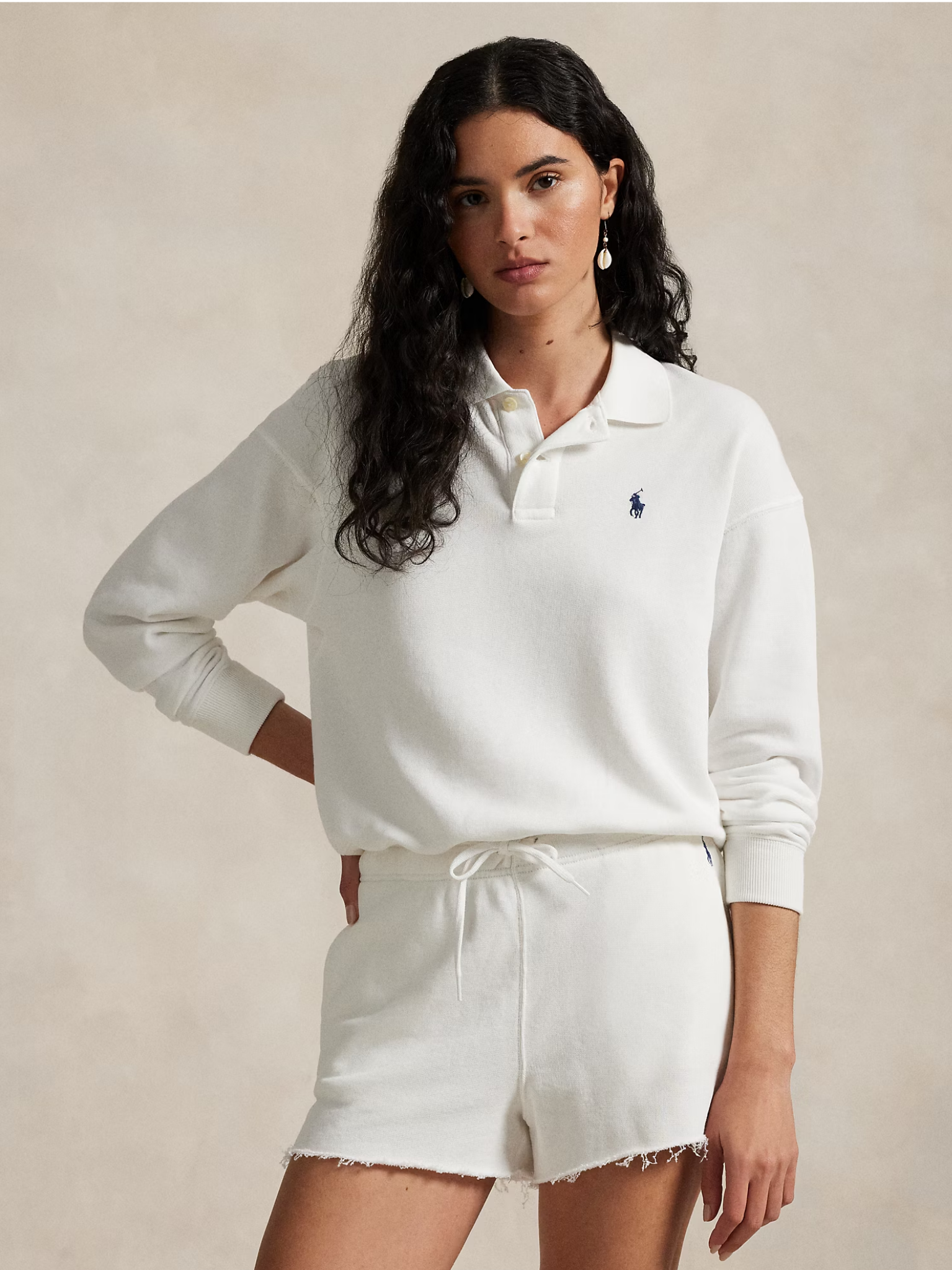 RALPH LAUREN WOMEN Lightweight Fleece Long Sleeve Polo White