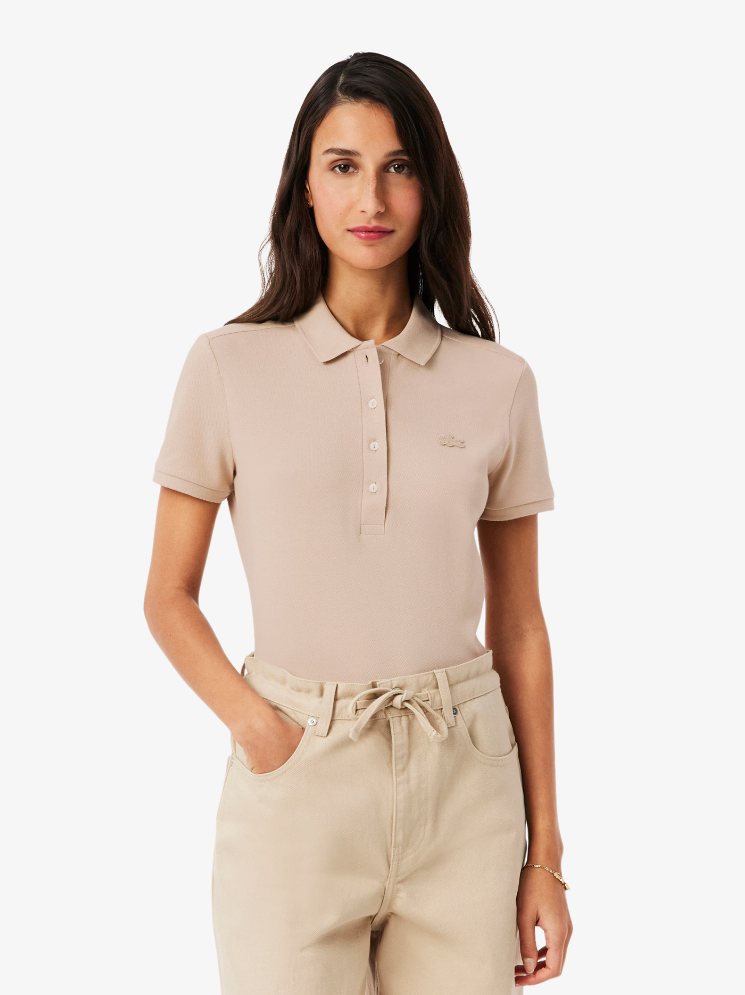LACOSTE WOMEN L.12.D Slim Fit Stretch Piqué Polo Shirt Beige