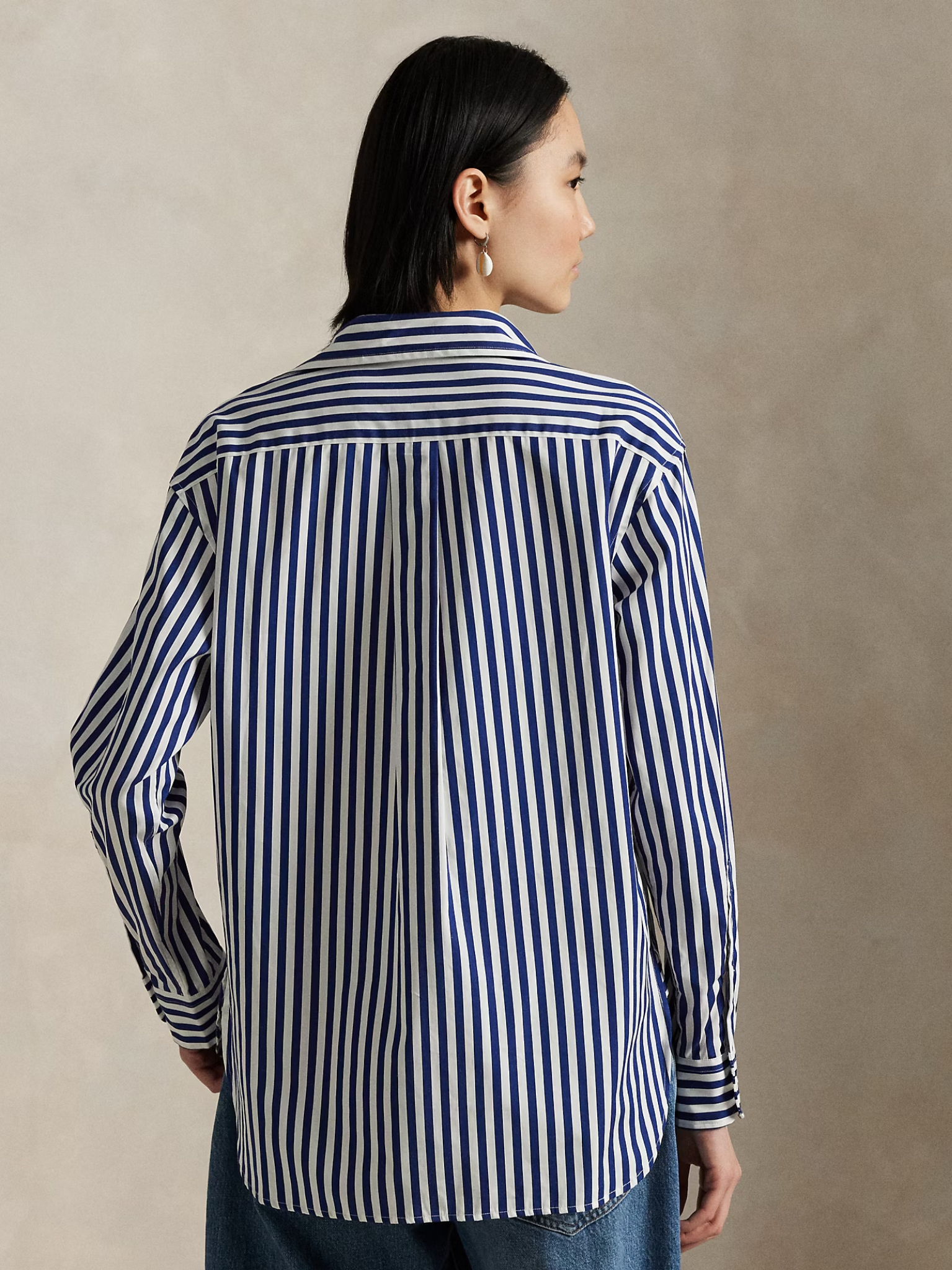 RALPH LAUREN WOMEN Relaxed Fit Striped Cotton Shirt Fall Royal/White