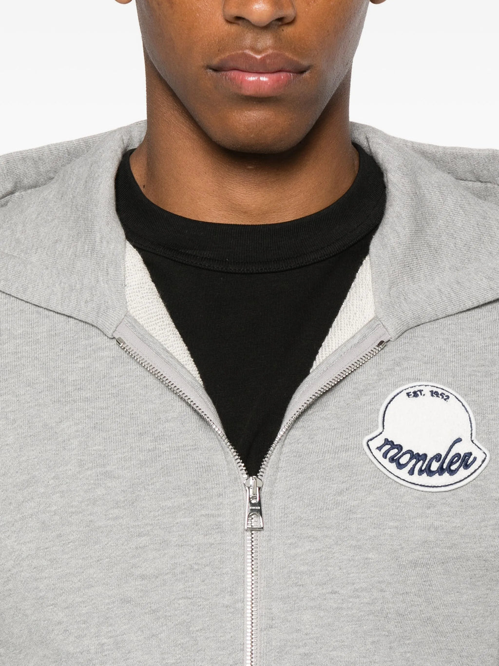 MONCLER Textured Logo Patch Zip-Up Hoodie Grey