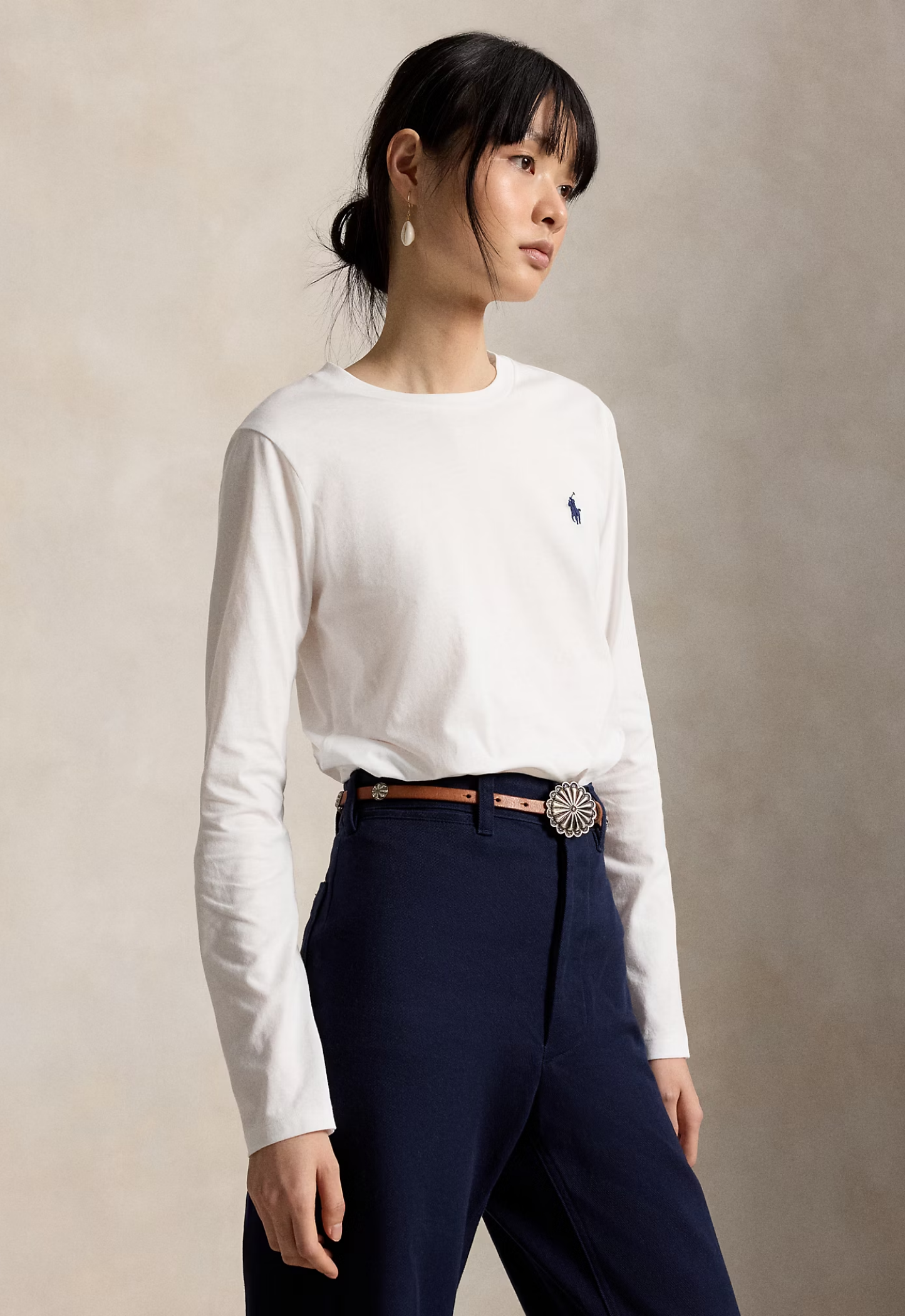 RALPH LAUREN WOMENS Classic Fit Jersey Long-Sleeve Tee White
