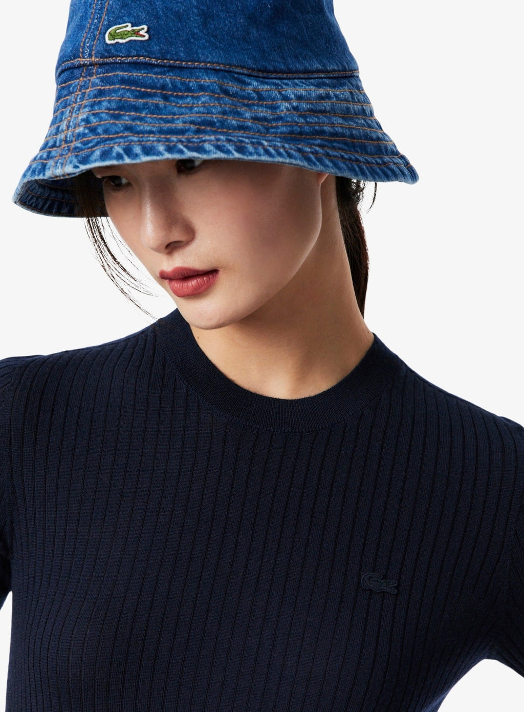 LACOSTE WOMEN Short Sleeved Merino Wool Rib Knit Sweater Midnight Blue