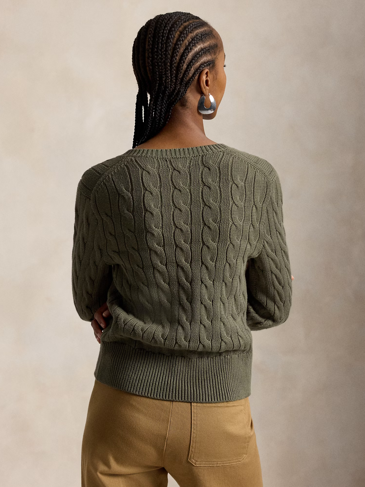 RALPH LAUREN WOMEN Cable-knit Cotton Crewneck Cardigan Dense Olive