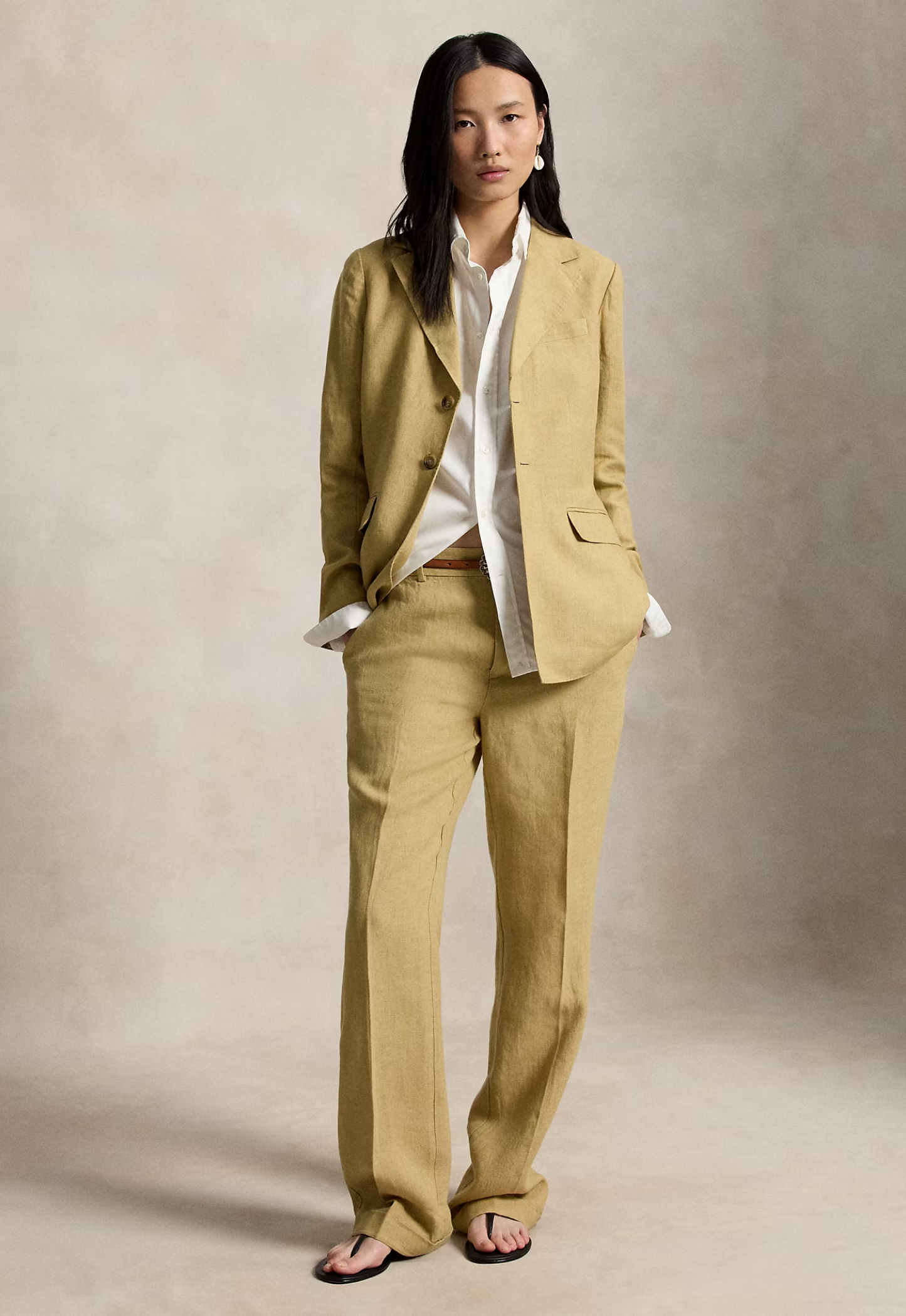 RALPH LAUREN WOMENS Single-Breasted Délavé Linen Blazer Classic Camel