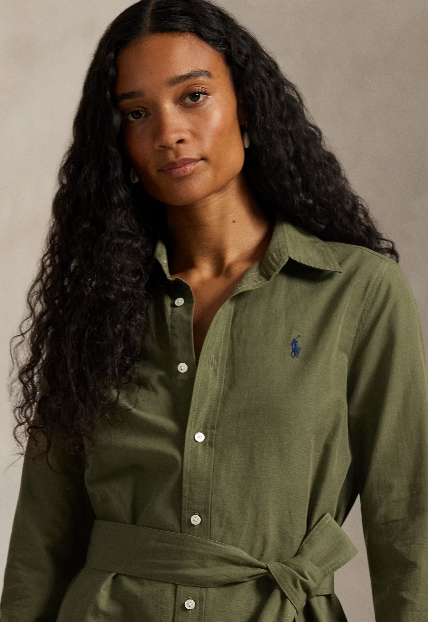 RALPH LAUREN WOMENS Cotton-Linen Belted Shirt Dress Supply Olive