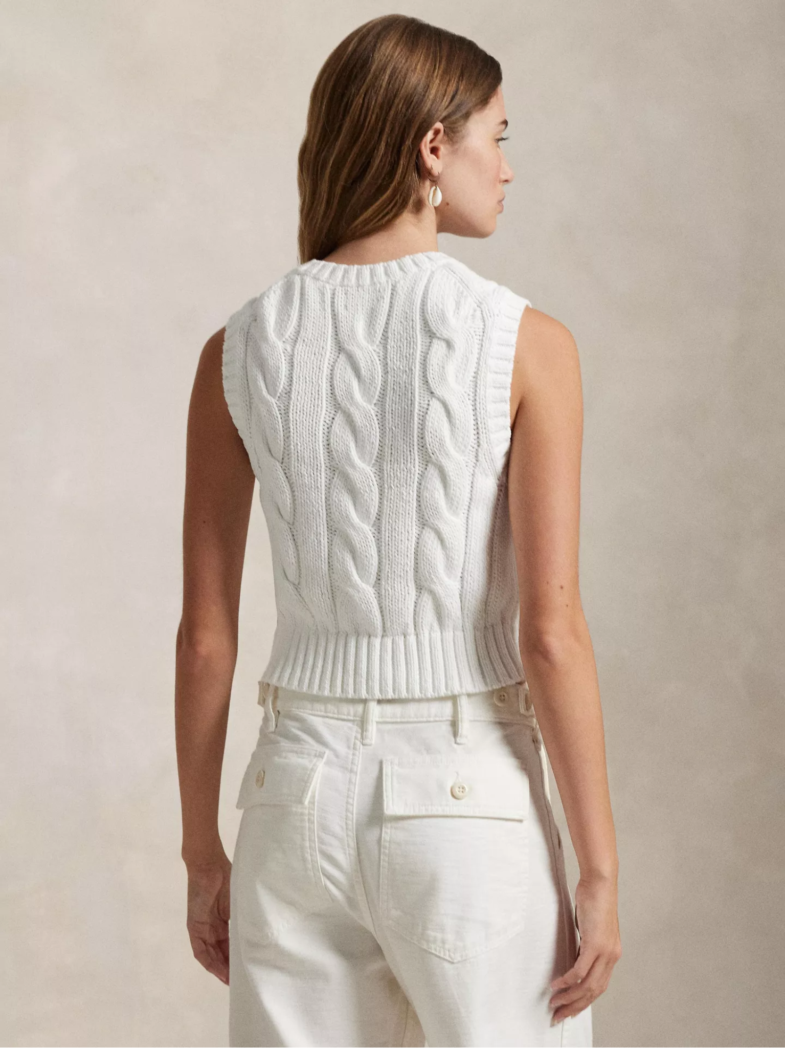 RALPH LAUREN WOMEN Cable-Knit Cotton Cropped Vest White