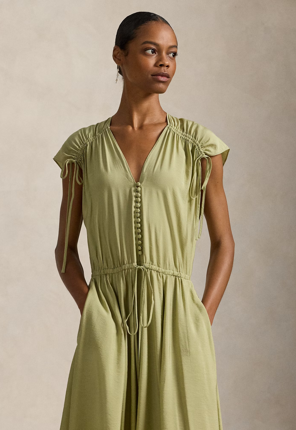 RALPH LAUREN WOMENS Tie-Shoulder Crepe Dress Light Olive