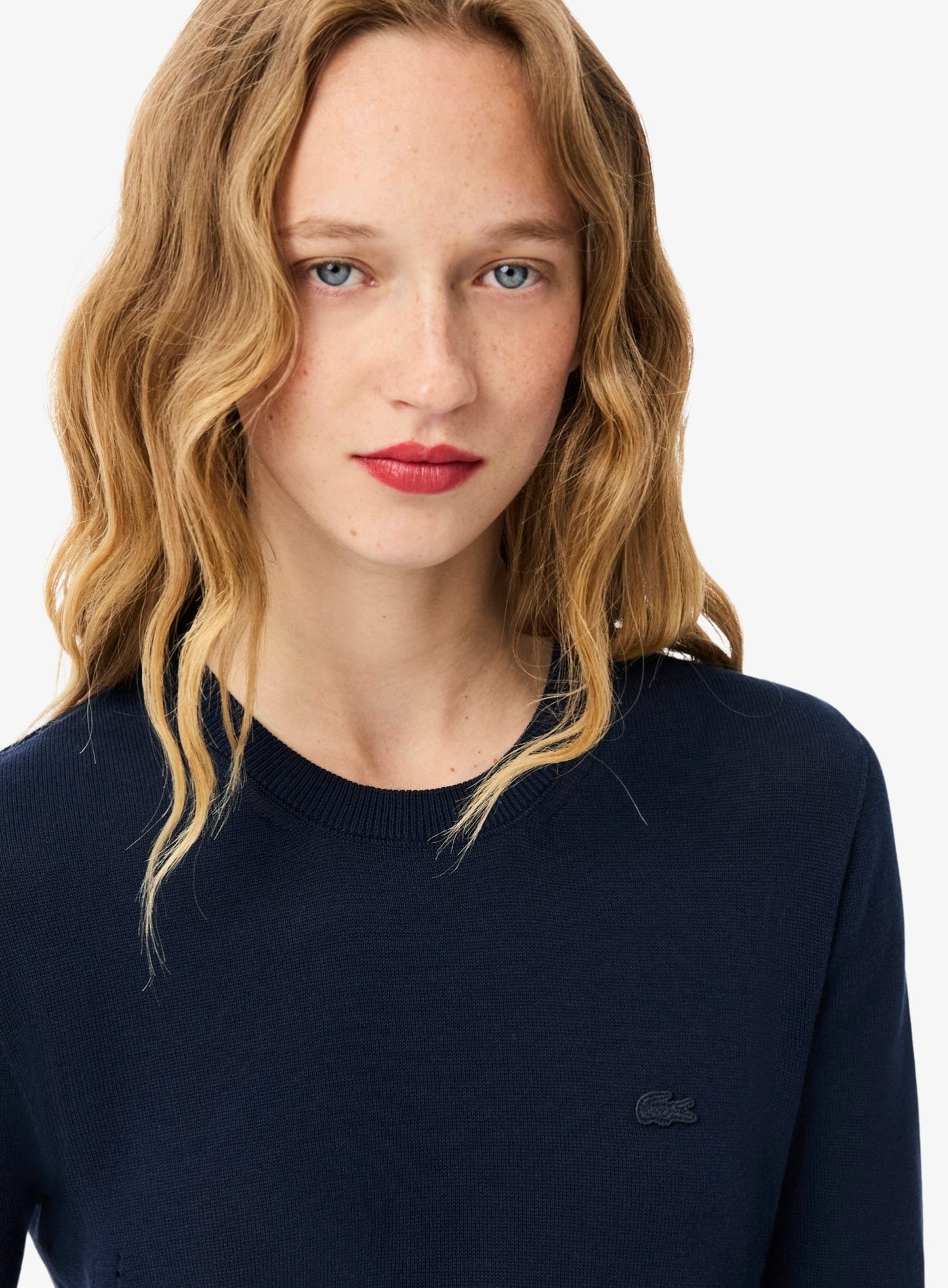 LACOSTE WOMEN 3D Knit Crew Neck Sweater Midnight Blue