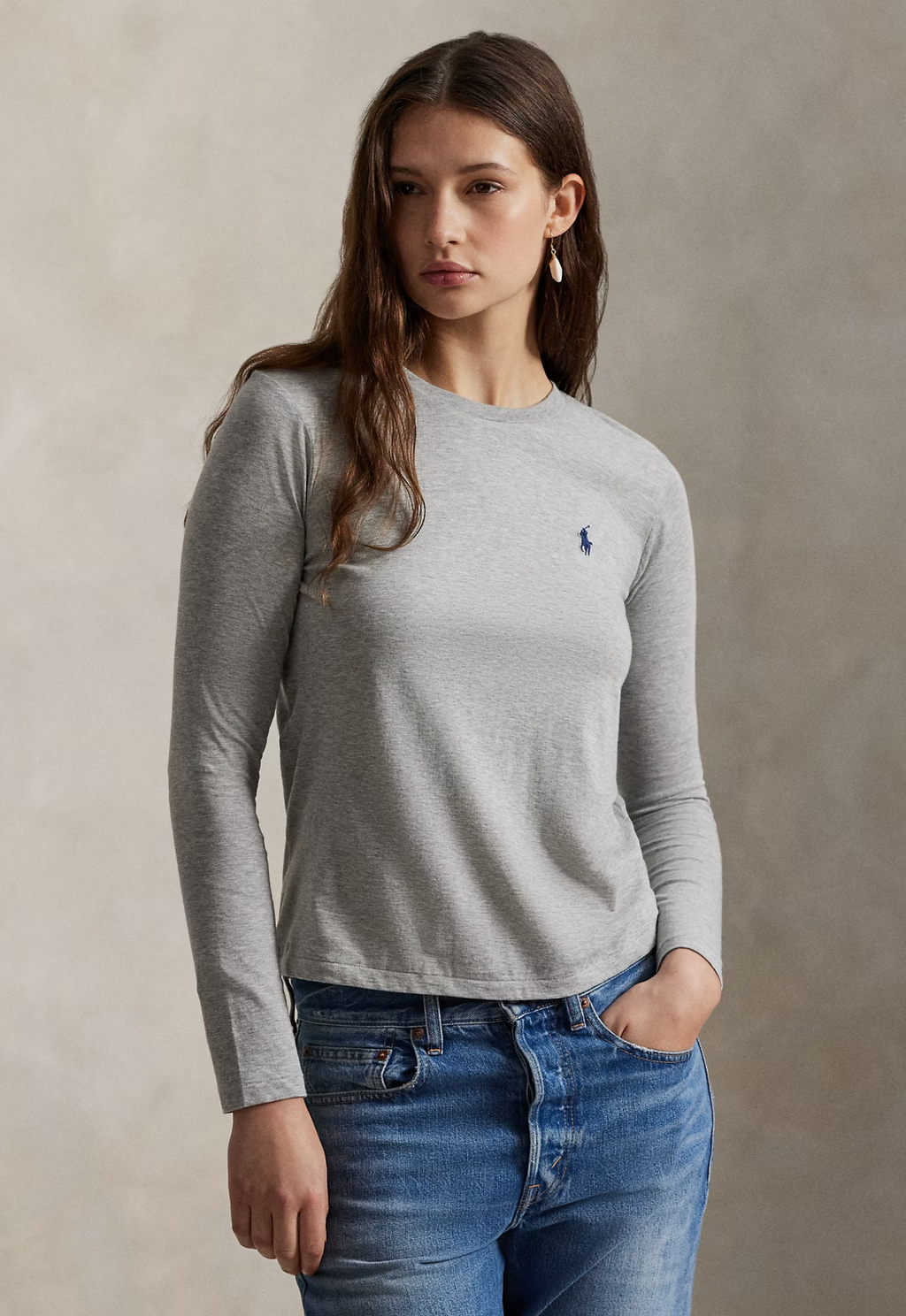 RALPH LAUREN WOMENS Classic Fit Jersey Long-Sleeve Tee Cobblestone Heather