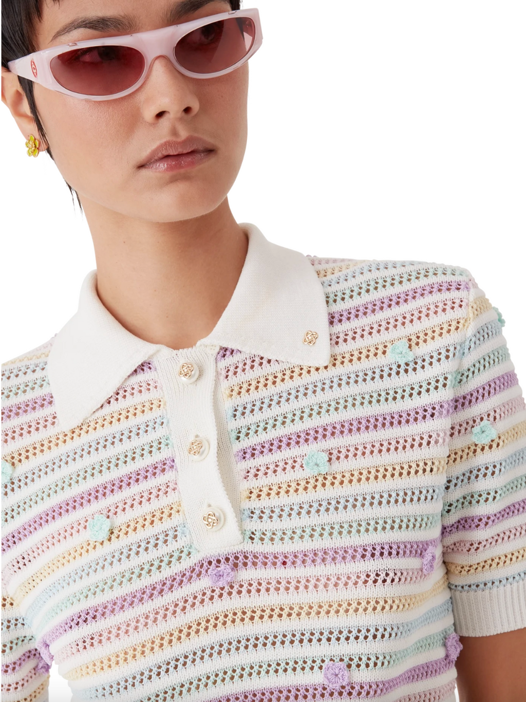 CASABLANCA WOMEN Flower Stripe Cotton Crochet Polo White/Multicolour