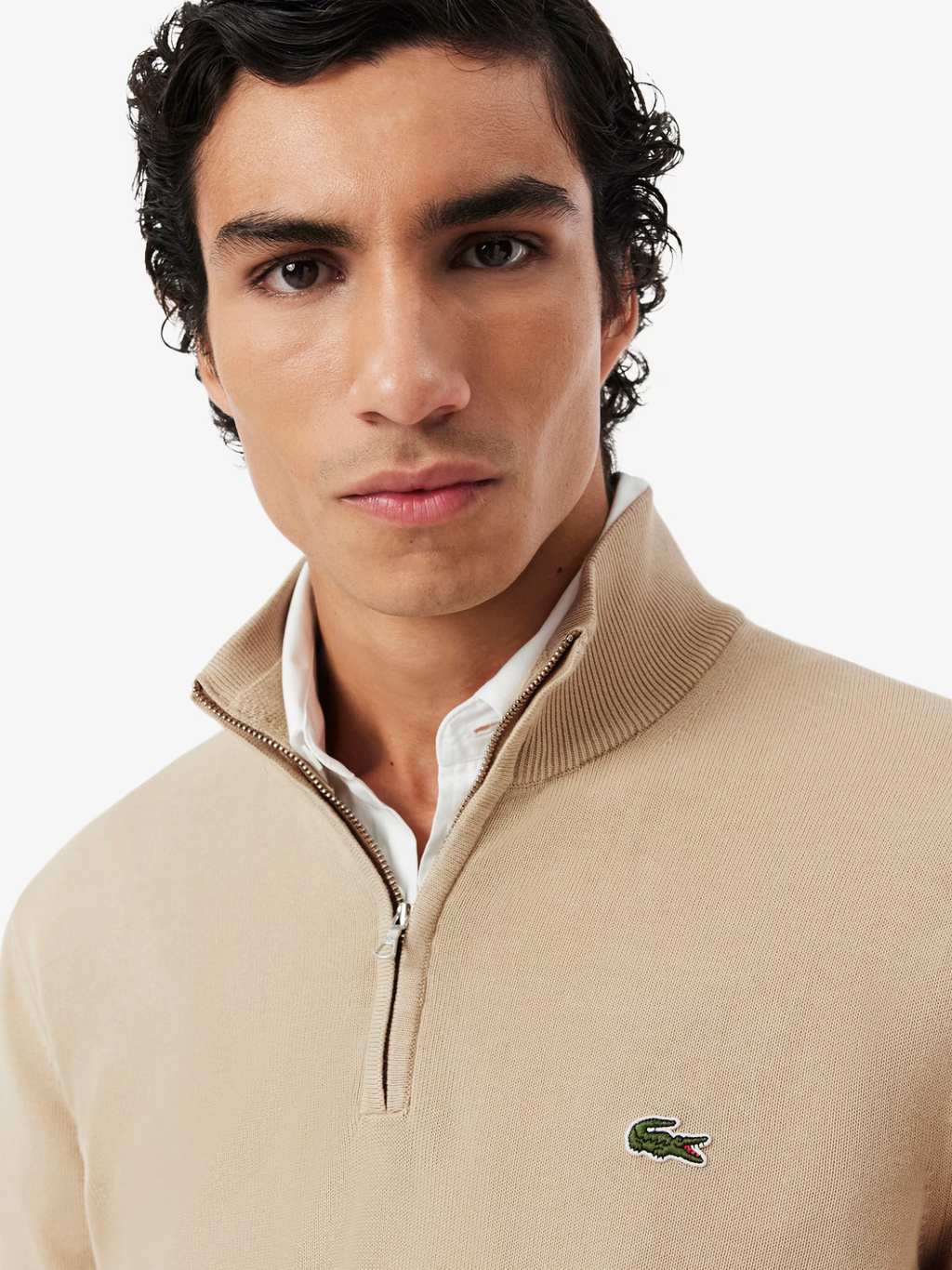 LACOSTE Zipped High Neck Cotton Sweater Beige
