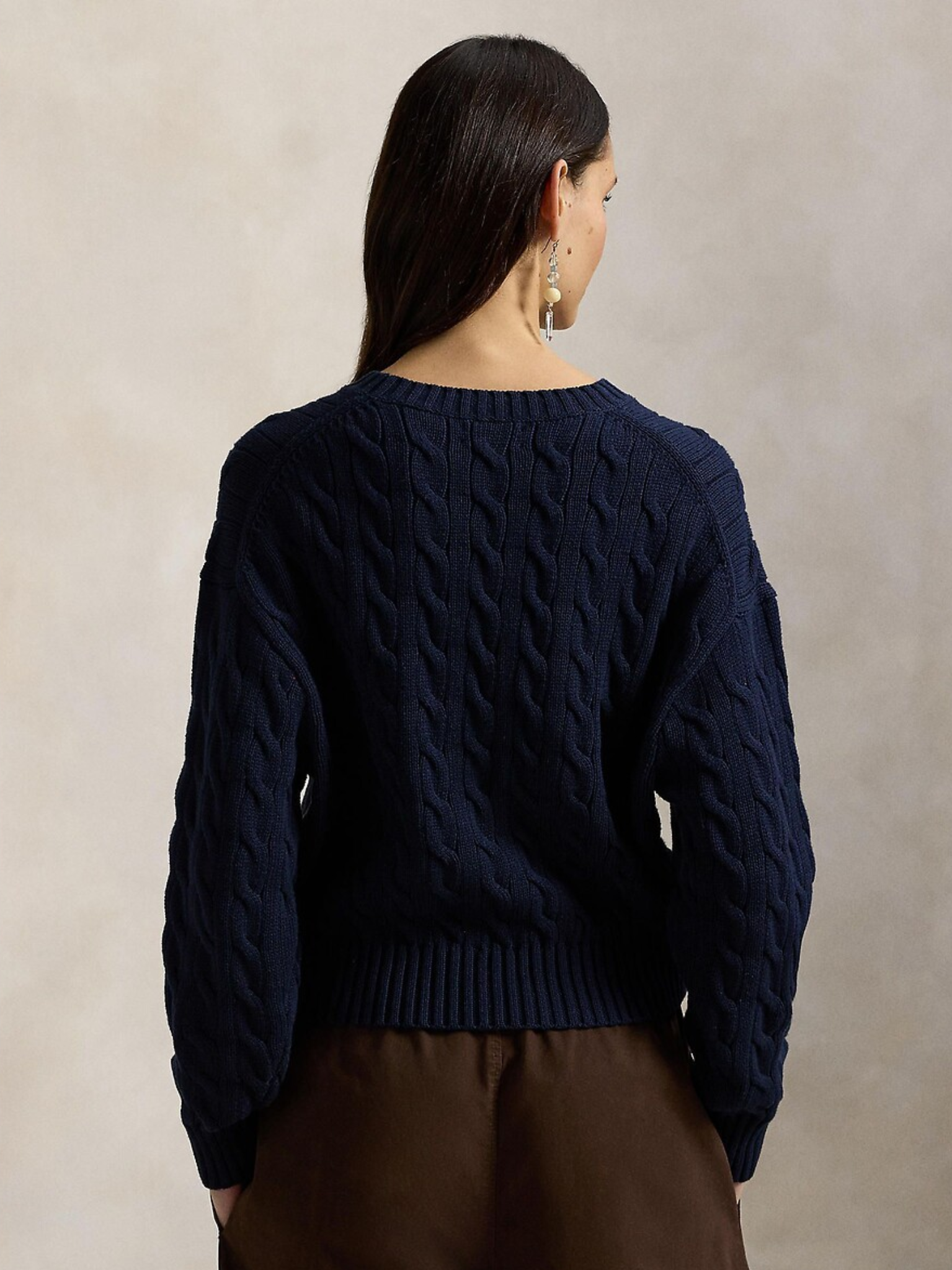 RALPH LAUREN WOMEN Loose Fit Cable-Knit Wool Jumper Navy