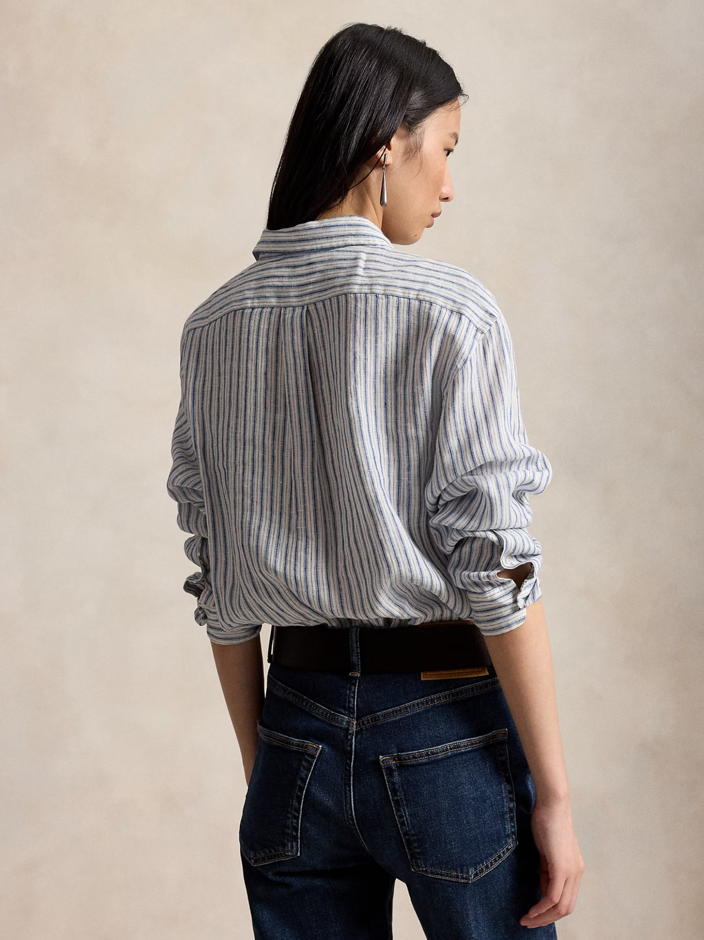 RALPH LAUREN WOMEN Wide Cropped Gingham Linen Shirt Navy Light