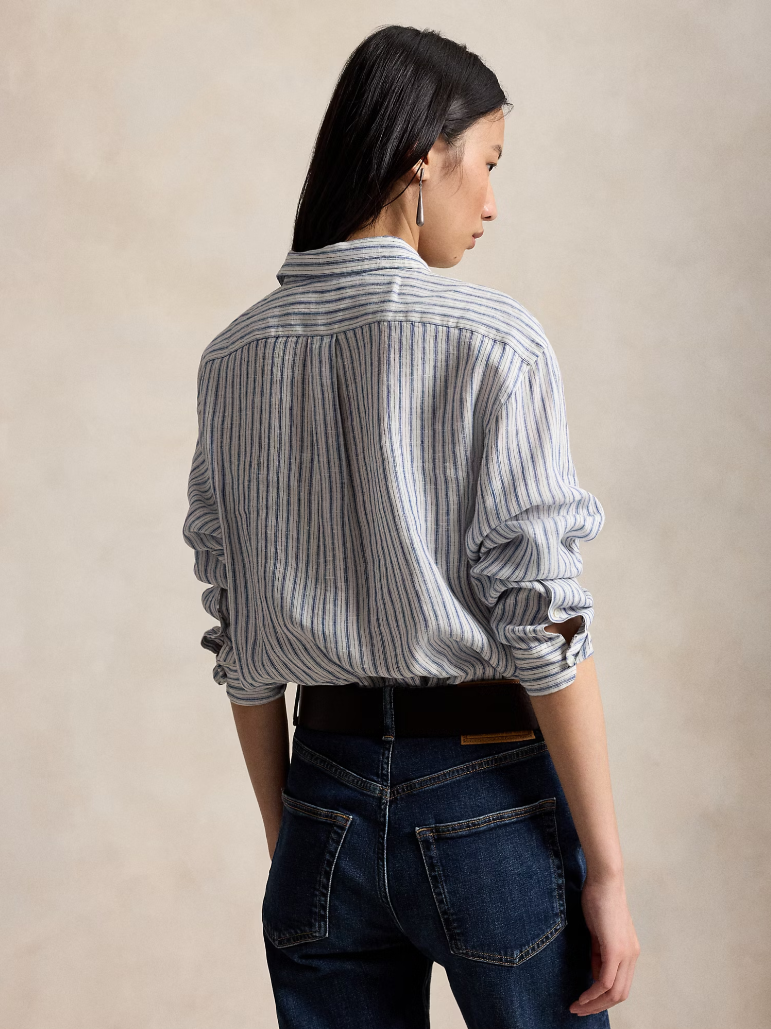 RALPH LAUREN WOMEN Wide Cropped Gingham Linen Shirt Navy Light