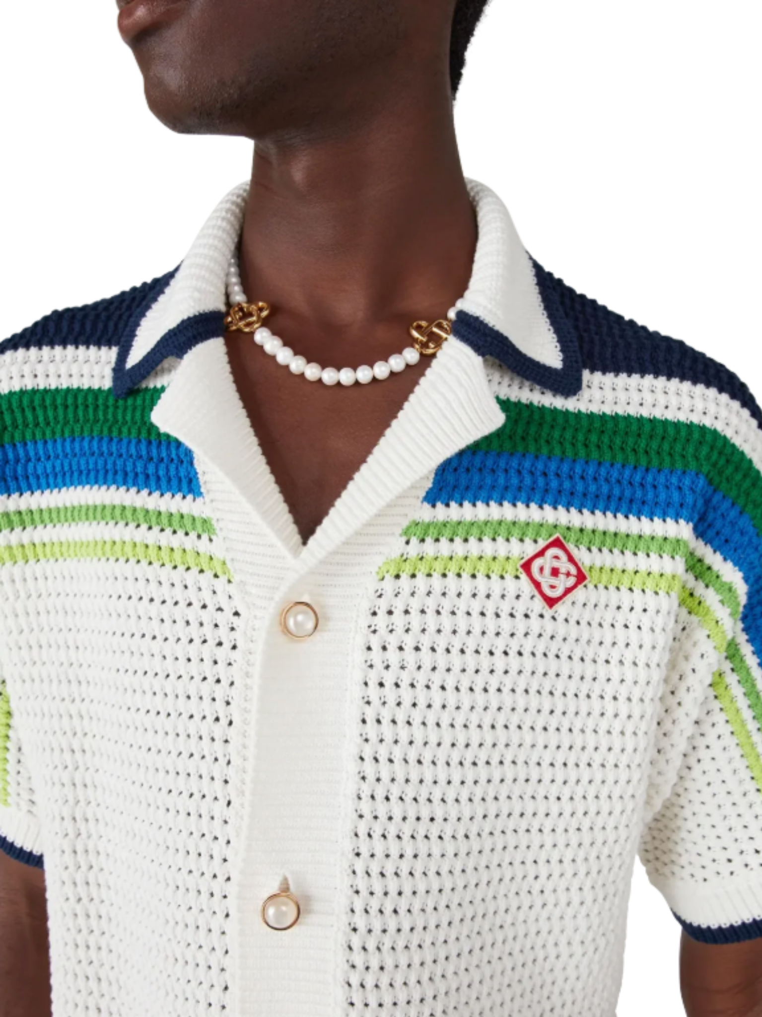 CASABLANCA Stripe Short Sleeve Knitted Shirt White