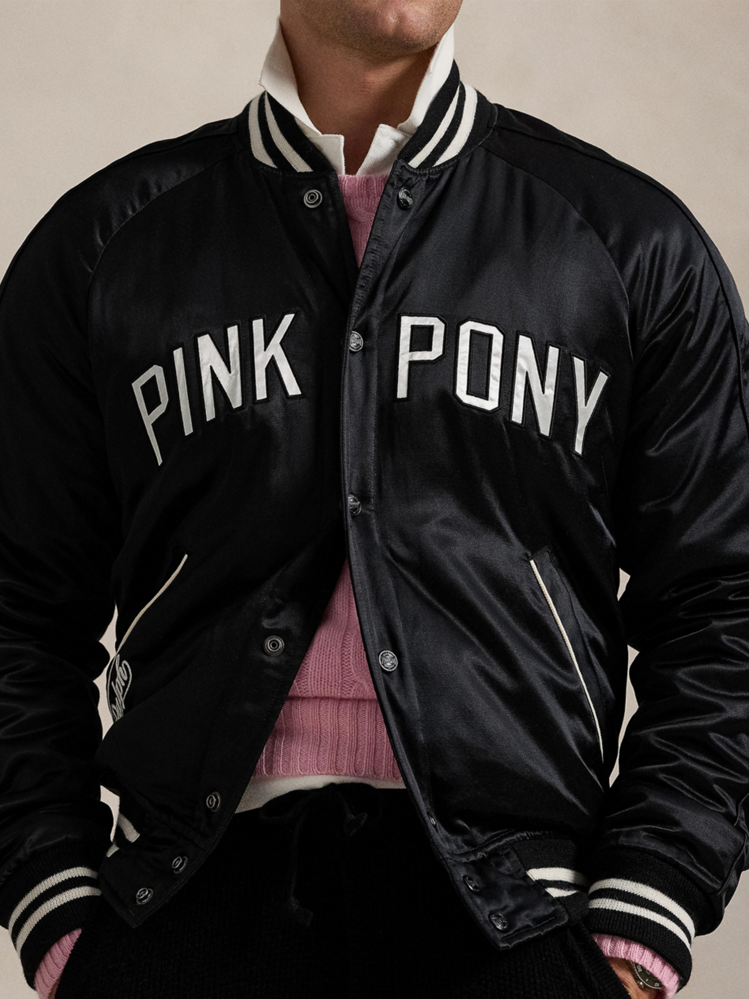 RALPH LAUREN Pink Pony Satin Baseball Jacket Black