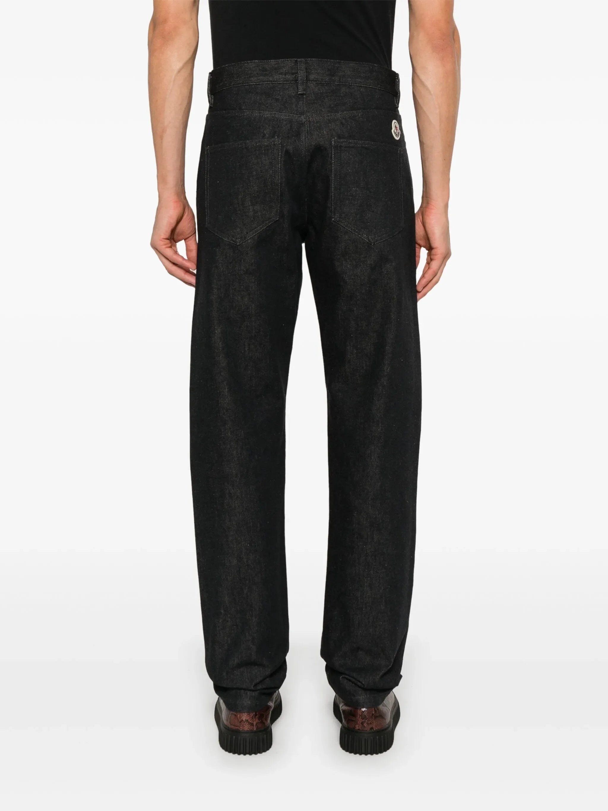 MONCLER Logo Patch Cotton Denim Trousers Dark Blue