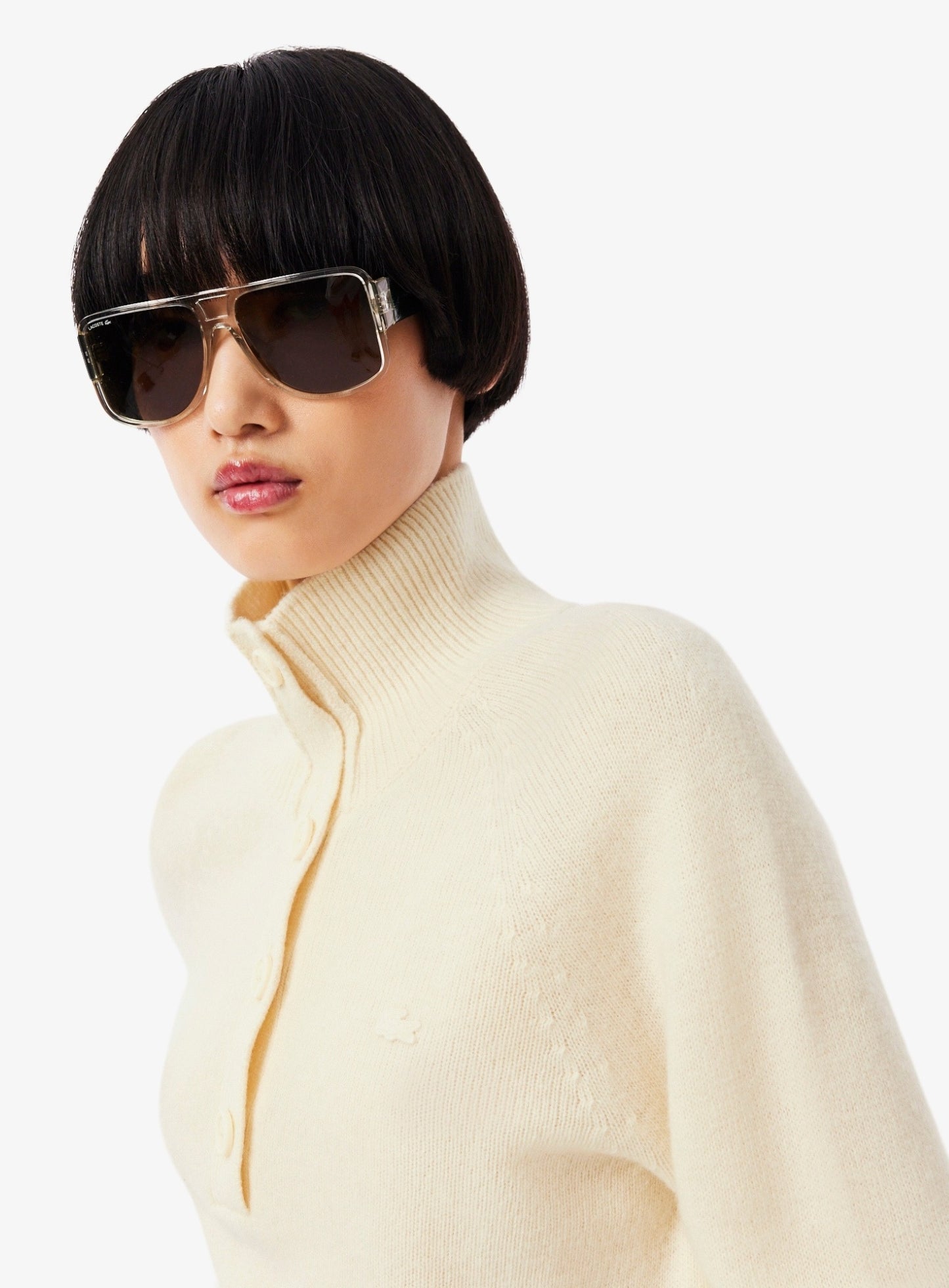 LACOSTE WOMEN Carded Wool High Neck Sweater Ecru White