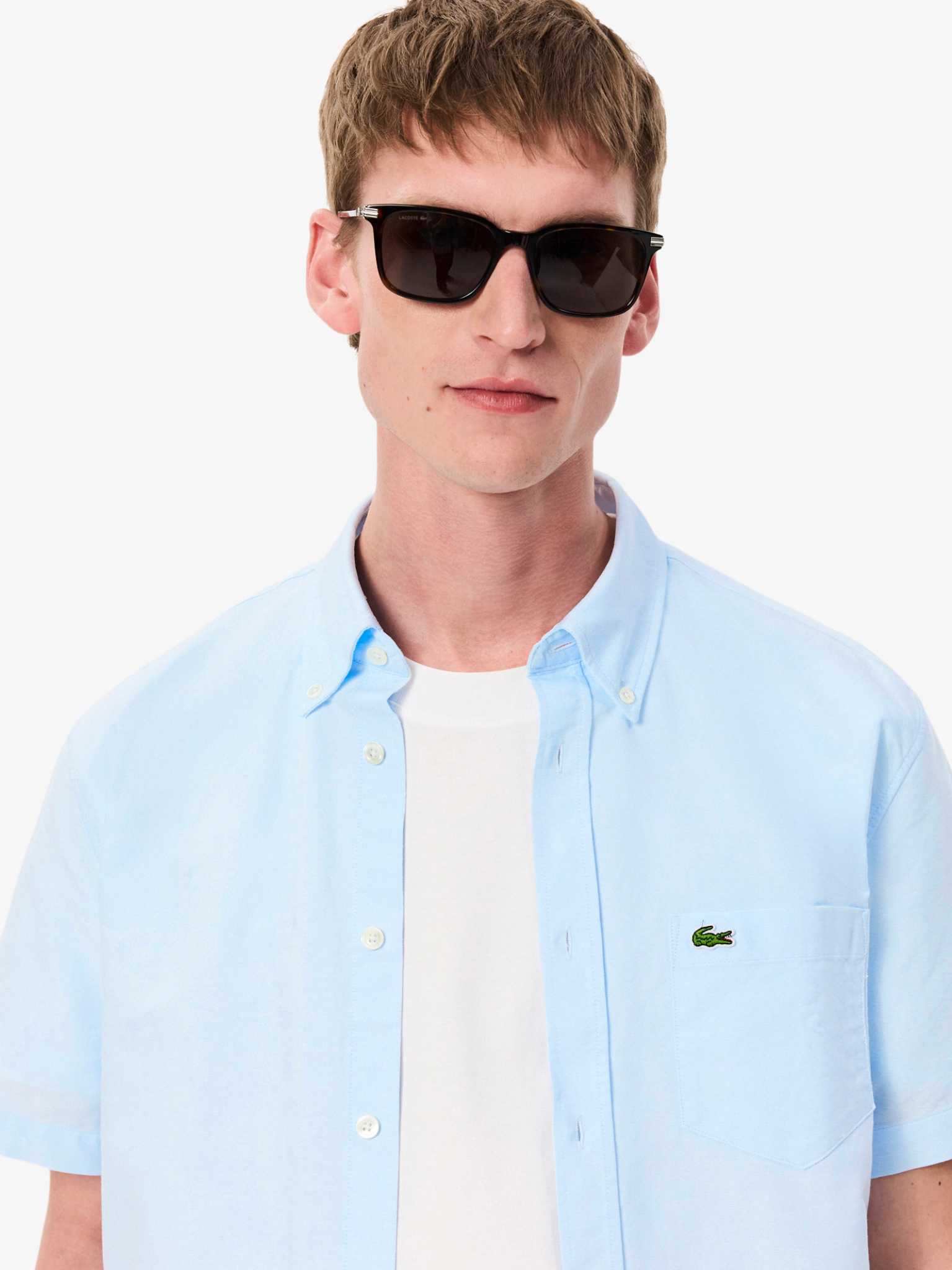 LACOSTE Regular Fit Short Sleeved Oxford Shirt Light Blue