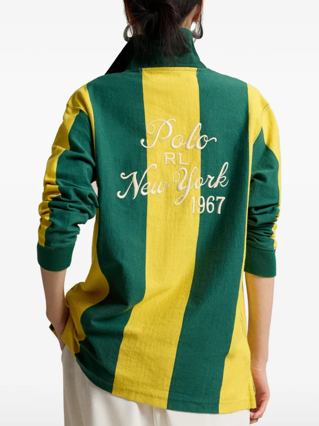 RALPH LAUREN WOMEN Oversize Embroidered Cotton Rugby Shirt Kelly Green/Canary Yellow