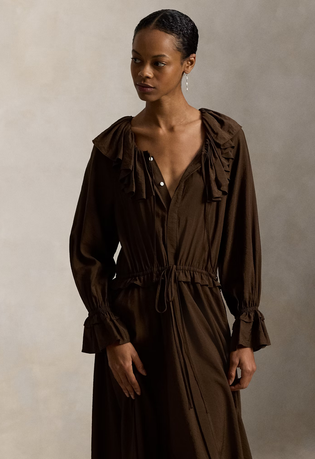 RALPH LAUREN WOMENS Ruffled Blouson Crepe Dress Dark Brown