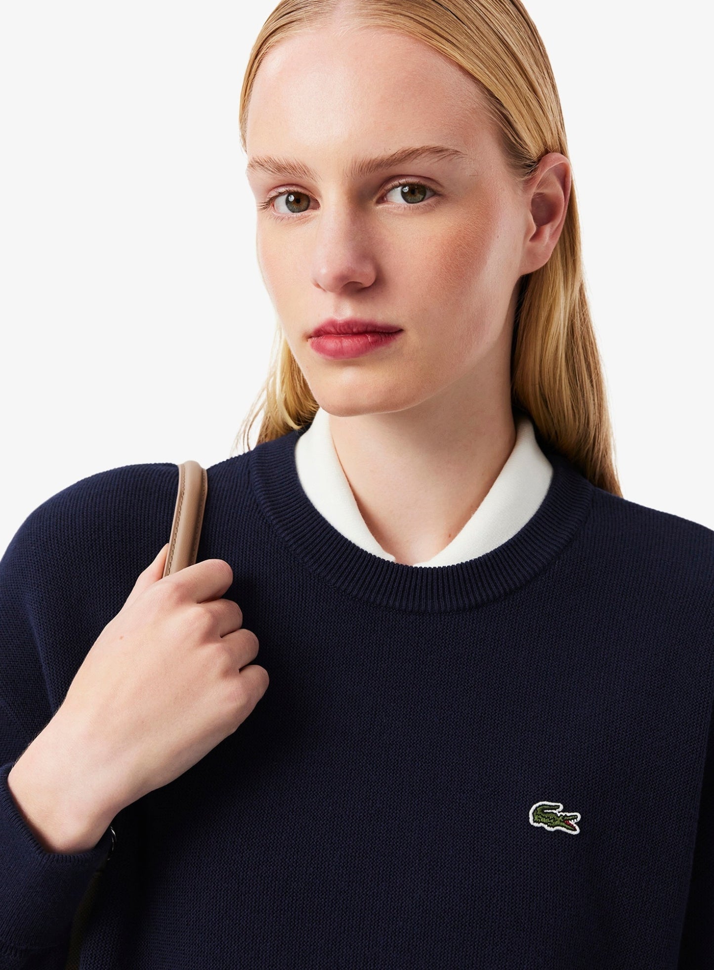 LACOSTE WOMEN Relaxed Fit Cotton Crew Neck Sweater Midnight Blue