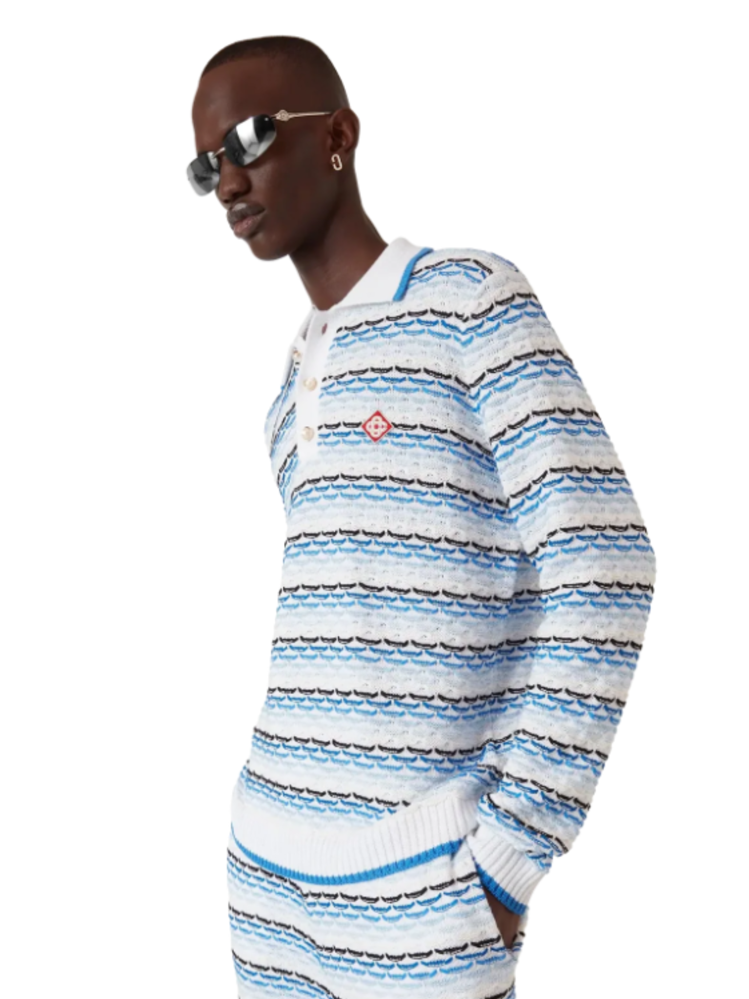 CASABLANCA Tuck Stitch Long Sleeve Polo Shirt Blue