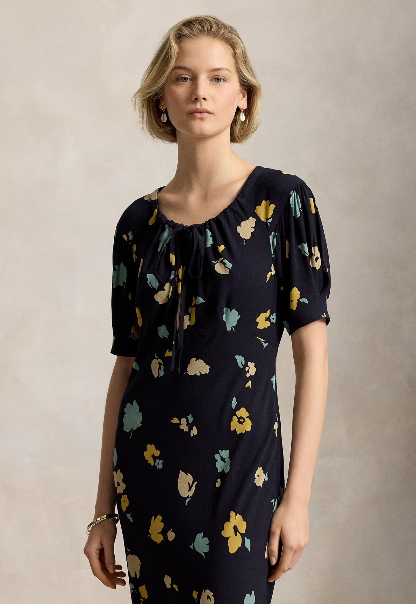 RALPH LAUREN WOMENS Floral-Print Crepe Dress Tulip Navy/Yellow Multi