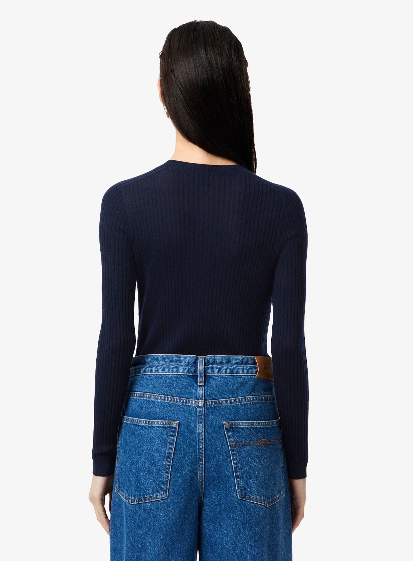 LACOSTE WOMEN Rib Knit Merino Wool Cardigan Midnight Blue