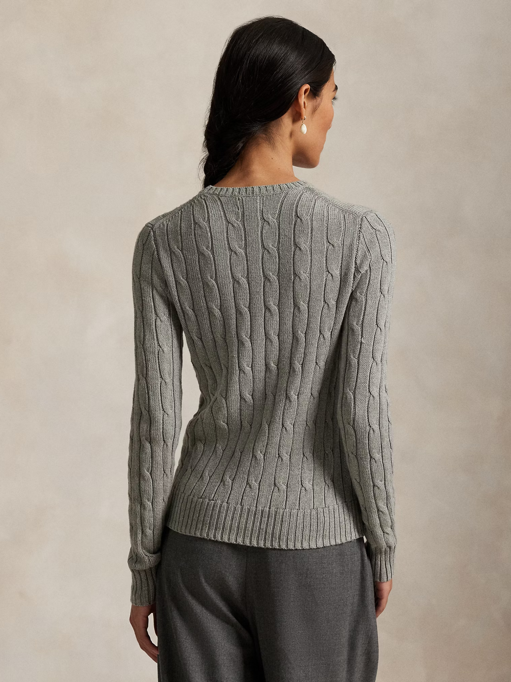 RALPH LAUREN WOMEN Cable-Knit Cotton Crewneck Jumper Fawn Grey Heather