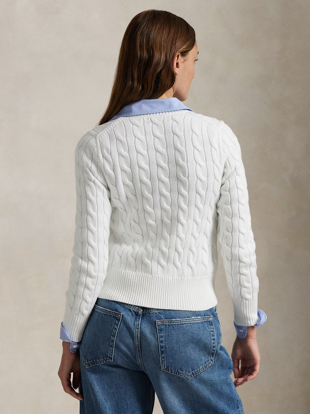 RALPH LAUREN WOMEN Cable-Knit Cotton Crewneck Cardigan White