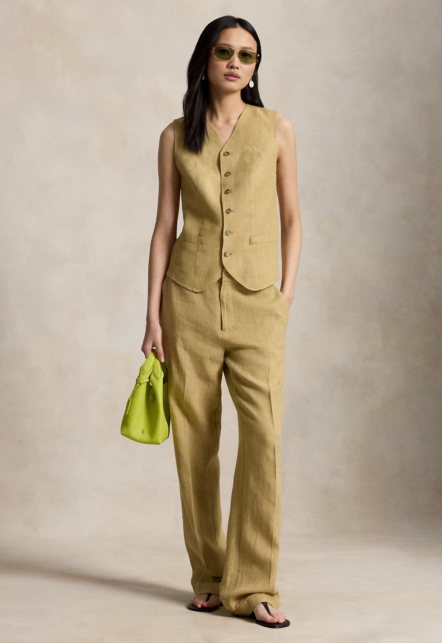 RALPH LAUREN WOMENS Buttoned Délavé Linen Waistcoat Classic Camel