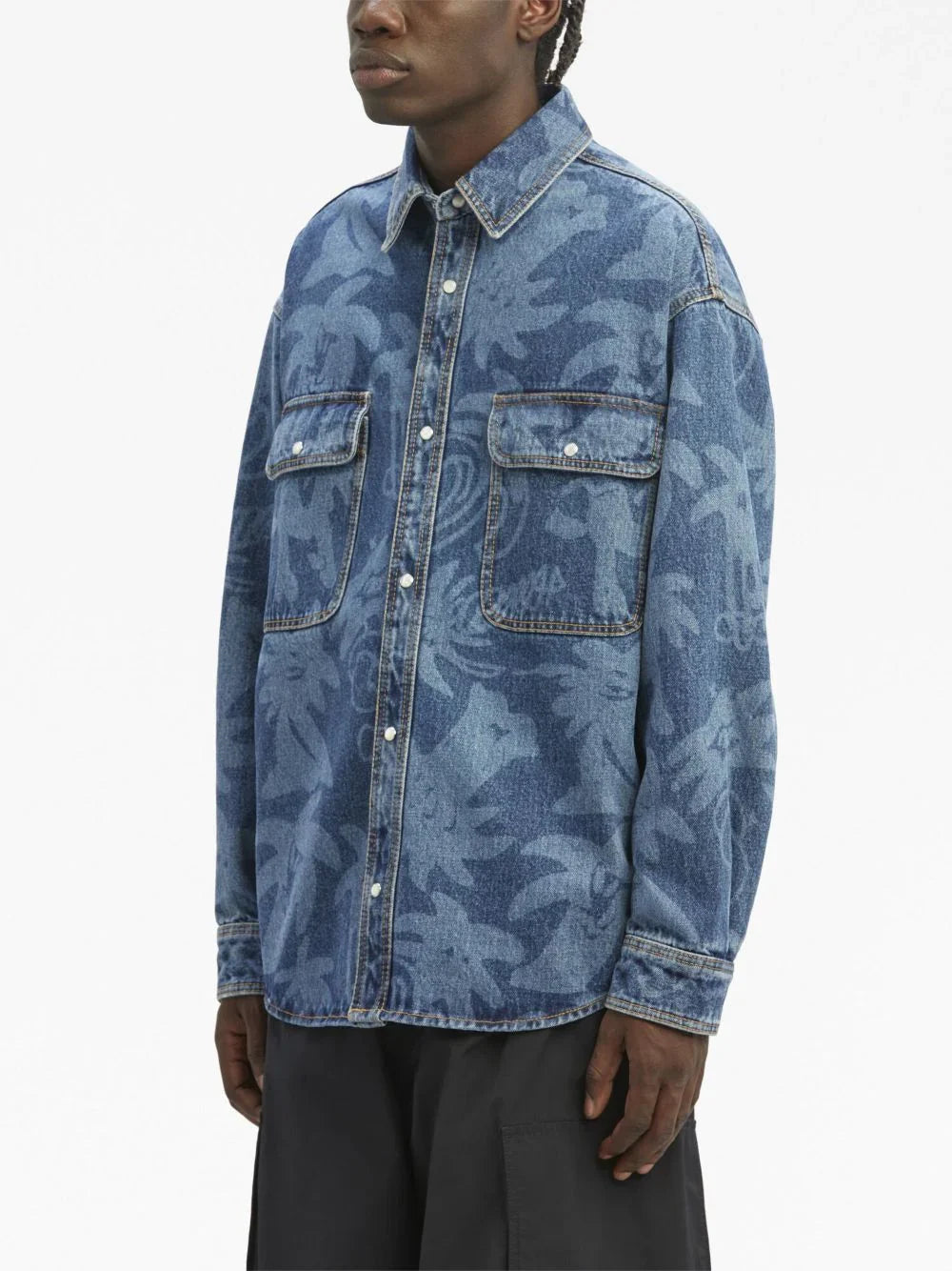 PALM ANGELS Palmity Allover Laser Denim Shirt Blue/Light Blue