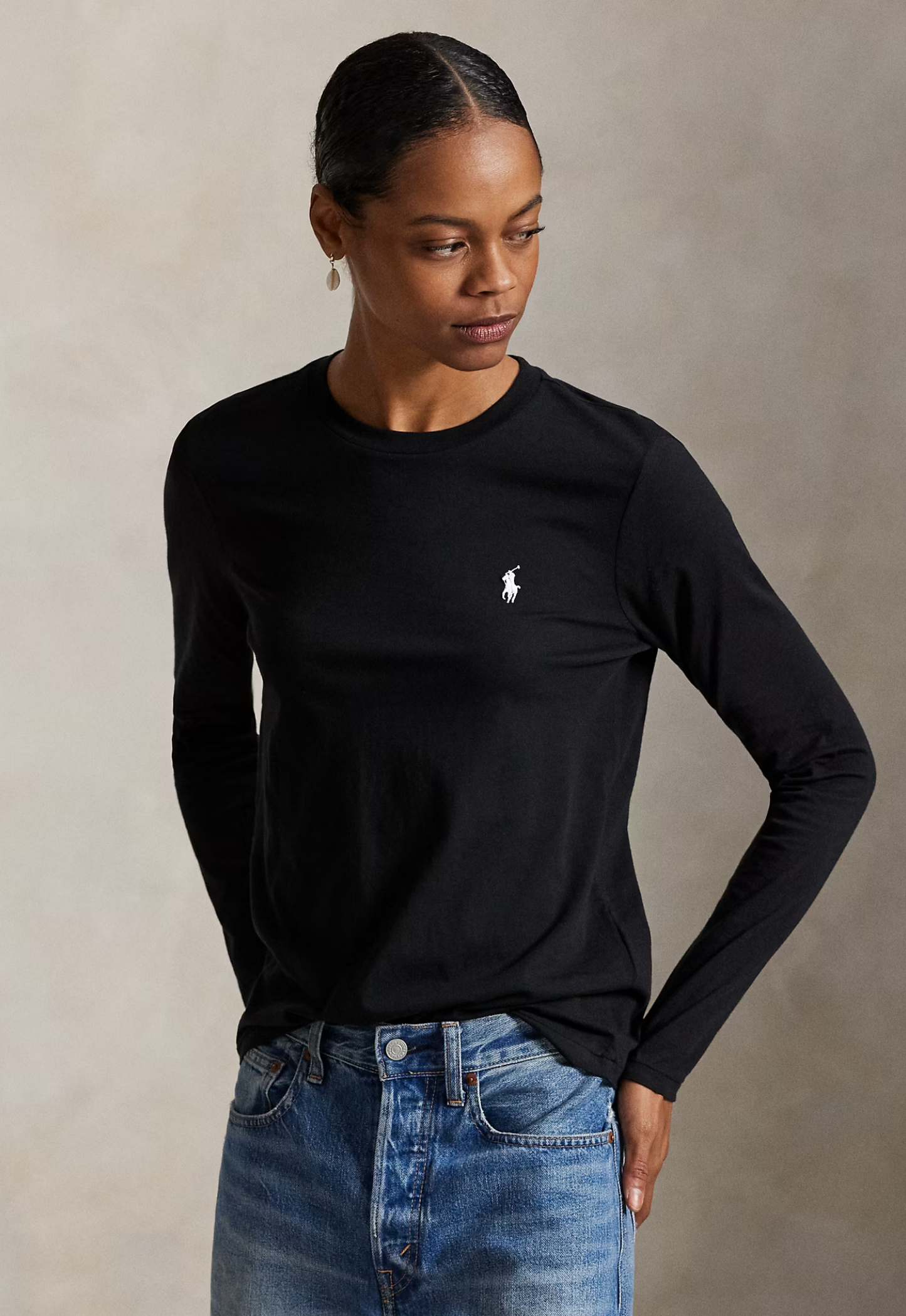 RALPH LAUREN WOMENS Classic Fit Jersey Long-Sleeve Tee Polo Black