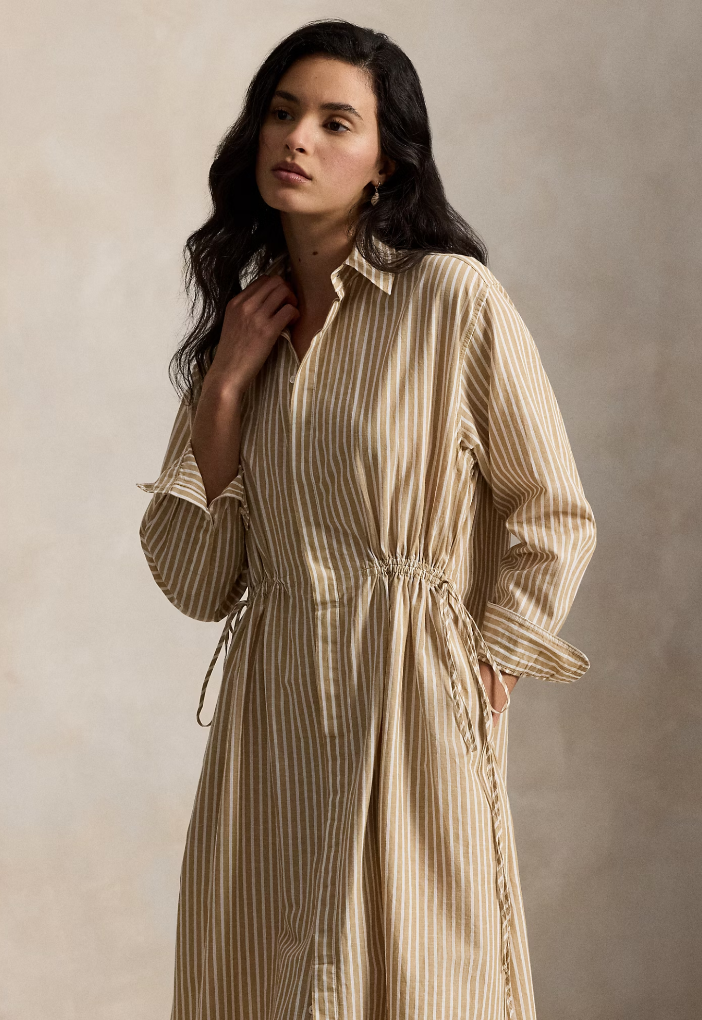 RALPH LAUREN WOMENS Striped Cotton-Linen Drawcord Shirtdress Classic Camel/White