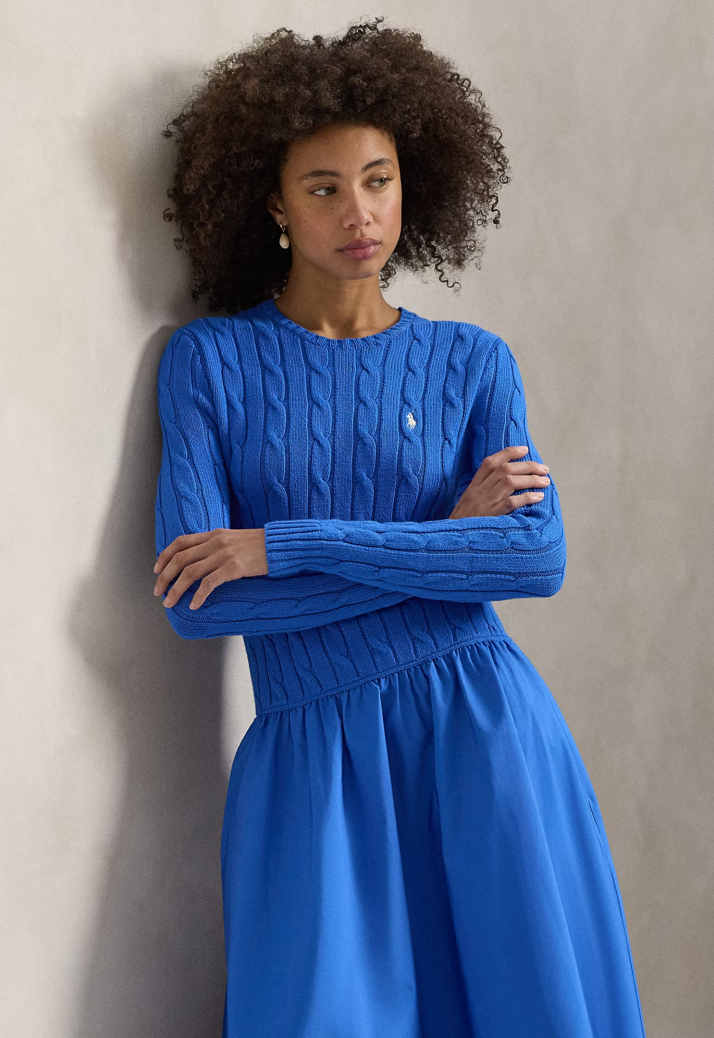 RALPH LAUREN WOMENS Cable-Knit Bodice Cotton Dress Colby Blue