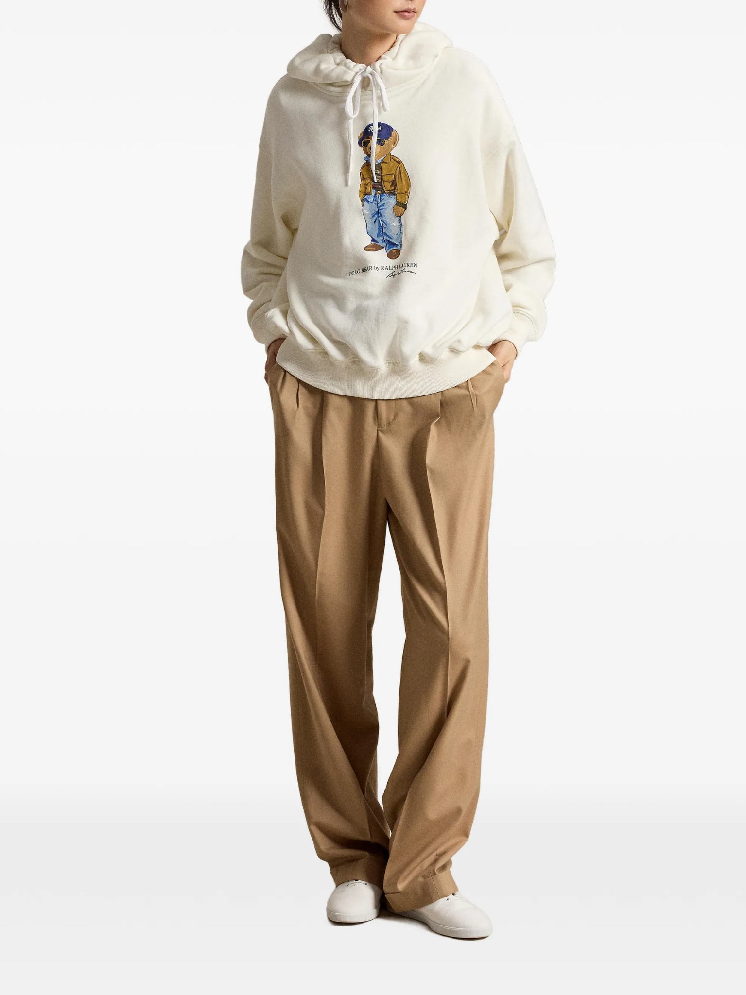 RALPH LAUREN WOMEN Polo Bear Lightweight Fleece Hoodie Warm White