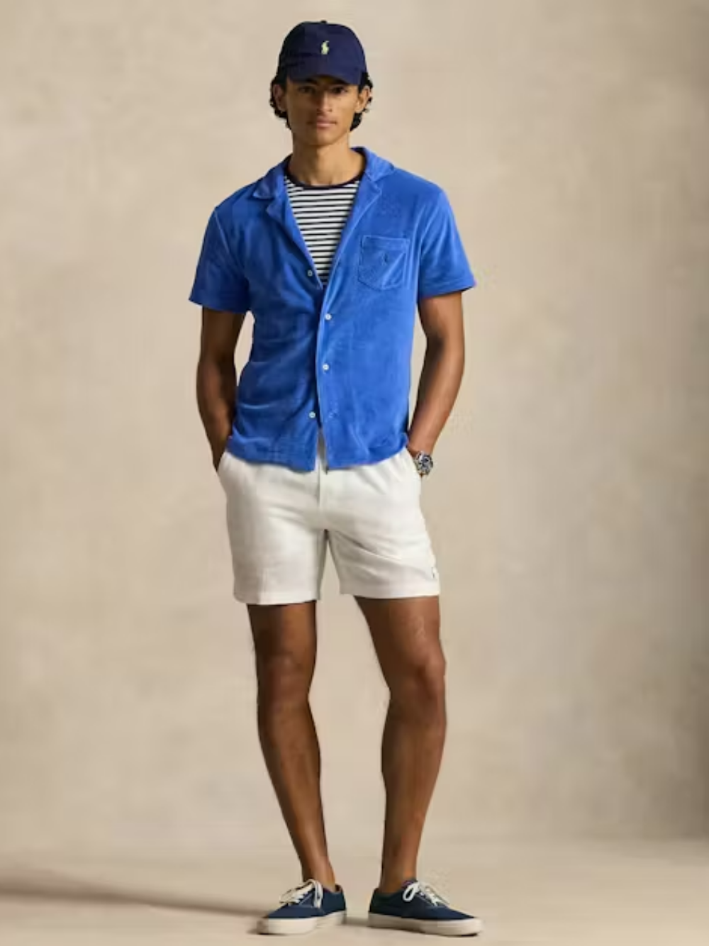 RALPH LAUREN Custom Slim Fit Terry Camp Shirt Modern Royal