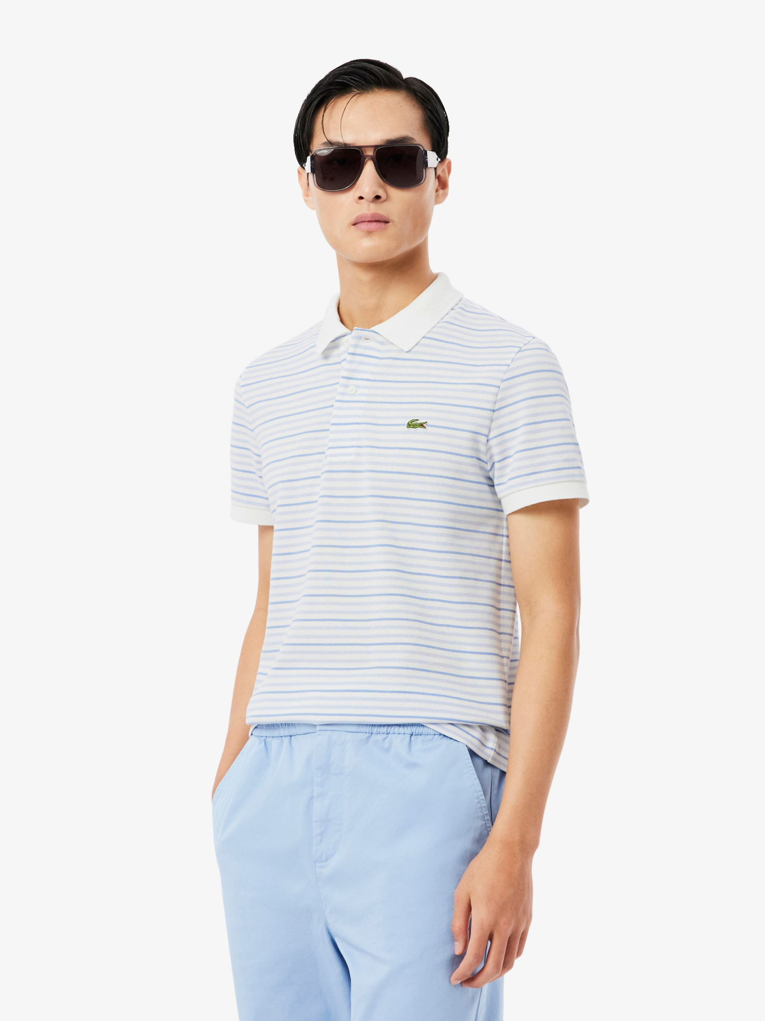 LACOSTE Classic Fit Striped Petit Piqué Polo Shirt Light Blue/White